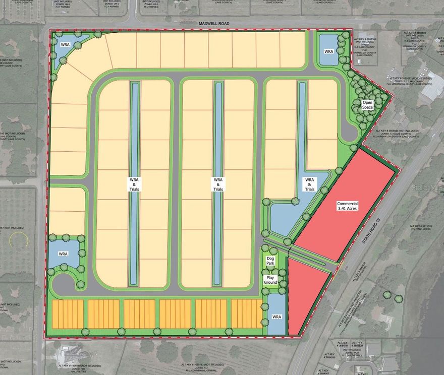 Up to 85 homes already approved on this great opportunity for development residential or commercial or both. Recently annexed into the City of Umatilla with the City's water lines are on three sides of this property, and the sewer lines currently just South of the property. Included in one of the photos and as an attachment is a concept plan for 49 homesites and 36 townhome lots with over 3 acres reserved for commercial use. The developer's agreement requires that the single family home detached units be on lots with a minimum of 14,500 which was considered when the concept plan was put together. The environmental study report and boundary survey are available.