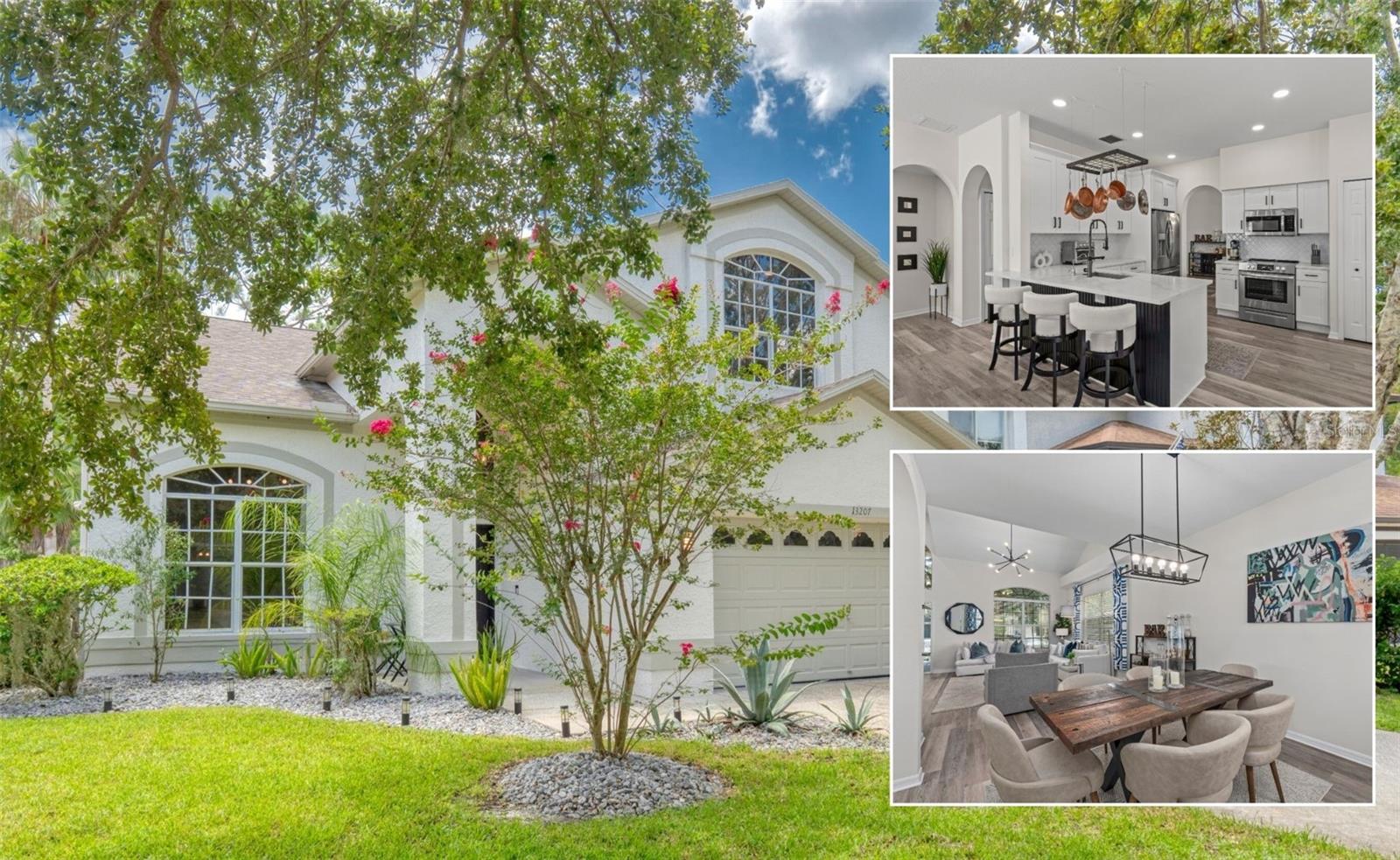 The Eagles! Luxury awaits in the FULLY UPDATED SHOWSTOPPER listing!!!
Discover unparalleled Florida living in this stunning and fully updated 4-bedroom, 2.5-bath home nestled within the guard-gated Eagles community. This showstopper property near the front gate offers complete privacy with no rear neighbors, just peaceful woodlands backing up to your personal oasis. Be sure to watch both CUSTOM VIDEOS of this magnificent property.
Step into grandeur with soaring vaulted ceilings that frame the spacious dining room and create a dramatic backdrop for the elegant staircase. Every detail has been carefully curated, from the premium luxury vinyl plank flooring throughout—with no carpet anywhere—to the neutral designer paint palette and updated lighting fixtures that illuminate each space beautifully.
The heart of the home features a gourmet kitchen designed for both everyday living and grand entertaining. Forty-two-inch cabinetry paired with stunning quartz countertops and breakfast bar create the perfect gathering space, while the complete stainless steel appliance package ensures culinary excellence. The adjacent family room flows seamlessly, creating an ideal environment for hosting friends and family.
Your personal retreat awaits on the screened lanai, where morning coffee becomes a daily ritual surrounded by lush greenery and nature's symphony. The sparkling pool and spa create the perfect backdrop for relaxation, while the thoughtful lighting design extends your outdoor enjoyment well into the evening hours.
Retreat to the expansive primary bedroom, crowned with a custom crystal chandelier that sets an elegant tone. The spa-inspired ensuite bathroom rivals the finest resorts, featuring exquisite tile flooring, a deep soaking tub, and a glass-enclosed walk-in shower. Double vanities with quartz countertops, updated cabinetry, and a convenient linen closet complete this private sanctuary. Three additional well-appointed bedrooms share a beautifully updated bathroom featuring a tub/shower combination with stunning white subway tile extending to the ceiling, plus abundant storage throughout.
This move-in ready home has been meticulously maintained with premium updates throughout. The roof was replaced in 2020, and a brand new HVAC system was installed in 2024. Recent 2023 renovations include luxury flooring installation, fresh interior and exterior paint, an epoxied garage floor, complete kitchen renovation, fully updated bathrooms, and removal of all popcorn ceilings.
The Eagles community is a guard-gated sanctuary offering 24/7 security, two championship golf courses, an elegant clubhouse with on-site dining, basketball courts, and pristine green spaces. With remarkably low HOA fees at just $132 monthly and no CDD fees, The Eagles delivers exceptional value for discerning buyers. The location provides easy access to top-rated A-schools including Mary Bryant Elementary, Farnell Middle, and Sickles High School, while being perfectly positioned minutes from premium shopping, fine dining, Tampa International Airport, and world-renowned beaches.