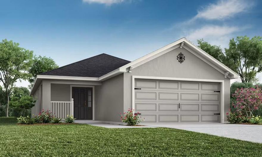 New construction home with 1,479 square feet on one-story including 3 bedrooms, 2 baths, and an open living area. Enjoy an open kitchen with Quartz countertops, Samsung stainless steel appliances, pantry, and a spacious counter height bar, fully open to the dining café and gathering room. The living area, laundry room, and baths include luxury wood vinyl plank flooring, with stain-resistant carpet in the bedrooms. Your owner's suite is complete with a walk-in wardrobe and a private en-suite bath with a tiled shower and linen closet. Plus, enjoy a covered lanai, 2-car garage, custom-fit window blinds, architectural shingles, energy-efficient insulation and windows, and a full builder warranty. Please note, virtual tour/photos showcases the home layout; colors and design options in actual home for sale may differ. Furnishings and decor do not convey."