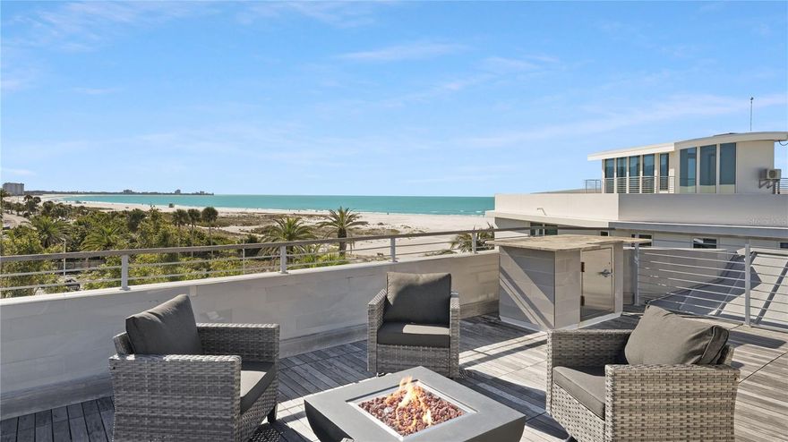 Prepare to be captivated by the meticulous upgrades and contemporary elegance of this stunning Gulf-front, Lido Beach home. Every detail of this thoroughly designed residence, just steps from the pristine Gulf shores, has been carefully crafted to create a modern oasis. Spearheaded by Trinity Construction and Design, the renovation has transformed this home into a masterpiece of modern living. Step inside through the mahogany front door, and you'll immediately be greeted by the breathtaking floating staircase, a true statement piece crafted from beautifully stained solid wood and accented with glass. This sleek and contemporary design sets the tone for the entire residence, offering a seamless blend of modern luxury and coastal charm. Notable exterior upgrades include a newer metal roof, a redesigned facade, and the addition of a fourth garage space. Impact windows, sliders, and doors further enhance the home's durability and security, while welcoming in abundant natural light and showcasing stunning beach views. Inside, the attention to detail is evident in every corner of the nearly 6,000 square foot residence. Gorgeous wood and natural stone features, custom lighting, and surround sound throughout create an atmosphere of sophistication and comfort. Walls of glass sliders and oversized windows frame sunny beach vistas, while exceptional accent walls and floating cabinetry add to the home's contemporary allure. Balconies to the north and south offer seamless transitions to outdoor living on every floor. A convenient three-stop elevator takes you to the first living level, where you'll find the main living area, including the primary bedroom with a spa-inspired en-suite bathroom and an extensively built-in closet spanning 22 feet. Two guest suites, a study, and a bonus room, currently used as a reflexology room, complete this level. On the third level, the open layout comprises the great room, dining area, and media room, making it ideal for entertaining. The chic eat-in kitchen seamlessly blends into the decor with hidden appliances, walls of custom cabinetry, and an expansive island featuring a unique butcher block and stone countertop with a waterfall edge. Step out onto the rooftop deck and take in breathtaking views stretching from the Gulf of Mexico to Sarasota Bay and the downtown city skyline beyond. Entertain with ease on the ground level, where a pavered deck surrounded by a stone privacy wall and lush landscaping sets the stage for outdoor gatherings. Here, you'll find a heated swimming pool, spa, and open lounging/dining areas, creating a secluded oasis just steps from the beach. This exquisite contemporary residence offers the perfect blend of luxury and convenience, with its prime location within walking or biking distance of Sarasota's most sought-after attractions. Close to St. Armands Circle, downtown Sarasota, the bayfront, theaters, museums, trendy eateries, and boutique shopping, this move-in ready home invites you to experience the best of the "cultural coast" lifestyle.