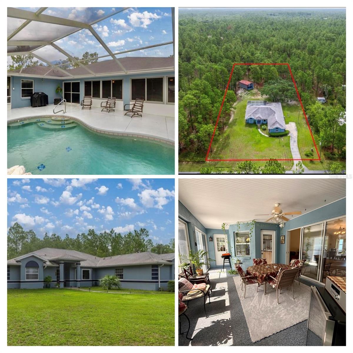 Country living at its finest in Rainbow Lakes Estates. This 4 Bedroom/3 Bath POOL HOME sits on a Manicured 1.04 ACRE Lot - NO HOA, NO Deed Restrictions! Paved roads. 2017 Roof, 2021 HAVC, 2024 painted. Closing Cost Concession with Acceptable Contract. 2557 sq ft of living area & A Salt Water inground pool w/ it’s sparkling waterfall is surrounded by a screened lanai 37 x 25 .Plus a separate enclosed, windowed lanai. This split plan offers a separate bath for 3 bedrooms. Or turn one into an ensuite! Entertain in the formal Living/dining room or in your open plan Kitchen/Family room Combo with Breakfast bar & Nook! Access & view your pool from the Master Suite (with sitting area), Livingroom, Kitchen or Bath! A Flex room, workout/workshop w/ heat/ac was constructed in the 2-car garage. Park your camper, boat under the Carport & store your lawn equipment in the utility shed. INTERACTIVE FLOOR PLAN AVAILABLE! Too much to write, see photos for list of Special Features this home has to offer.