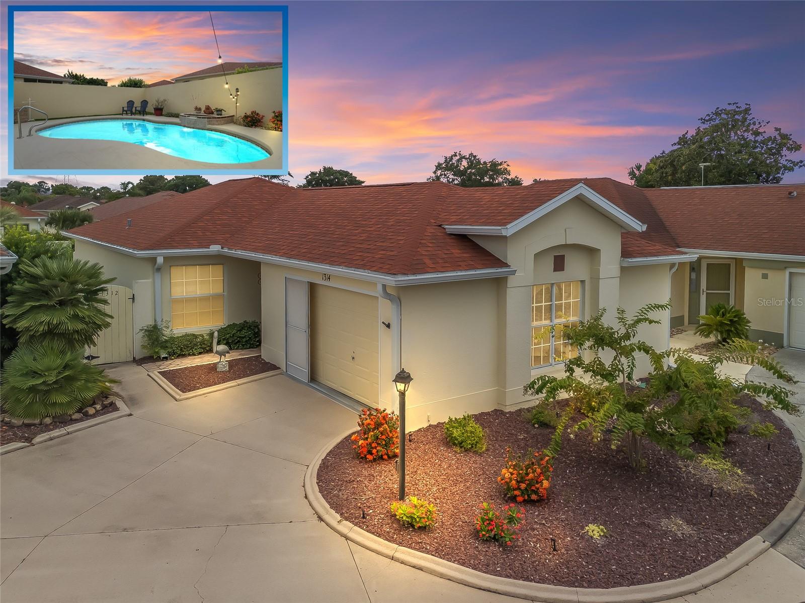 MOVE RIGHT INTO THIS COURTYARD VILLA POOL HOME in the Villas of Rio Grande! Located in very close proximity to Spanish Springs Square, and also close to Lake Sumter Landing! Convenient to everything you could want - a wide variety of shopping, restaurants, medical, etc. plus live entertainment are just a short drive away by car or golf car! NOTHING LEFT TO DO BUT ENJOY LIVING in this METICULOUS Baja model with an open floor plan and a sparkling freeform gunite in-ground pool with a waterfall. BEING OFFERED TURN KEY - save yourself the hassle, just bring your suitcase and toothbrush and start experiencing the fabulous Villages lifestyle right away! Modern luxe living awaits you in the freshly renovated home! NEW BIG TICKET ITEMS such as the ROOF, HVAC, water heater, high definition waterproof plank flooring throughout (have the look and feel of real wood floors but also pool friendly), fresh paint inside and out, a remodeled kitchen with a flat top range, a refrigerator with water, ice and two freezer drawers, and a dual sink. In the living and dining rooms there are custom built-ins with shelving & storage, and a decorative electric built-in fireplace. There are also sliders to the lanai. The lanai is well appointed with large windows and stone tile floors, along with having access to the private courtyard garden with a pool, spacious patios and plantings that are automatically watered as part of the programmable sprinkler system - MINIMAL MAINTENANCE FOR MAXIMUM ENJOYMENT! Both bathrooms have been updated with stylish cabinetry and granite countertops. The primary bedroom suite features sliders to the lanai with the pool just beyond, a private full bath and a walk-in closet decked out with built-in shelving, pendant lighting and a mirror on the wall. The desirable split bedroom floor plan separates the secondary bedroom well, and there is also a conveniently located full bath and linen closet adjacent. The garage is oversized with plenty of cabinets throughout, room for a golf cart in addition to a car or SUV, and also features a new WIFI garage door opener. The front entrance light is WIFI capable as well, offering different color options as well as a programmable schedule. Another great feature is the built-in speakers in the main living areas and the primary bedroom. The laundry area features shelving, a new stylish vanity sink, an HE washing machine and a dryer with dryness sensing technology. As if all of this wasn’t enough, not only is this small enclave of homes a fantastic neighborhood, it also has some special benefits that most do not have - just ask. Right next door to this enclave is the Rio Grande family pool, lawn bowling, air target range and the mailboxes. Right down the street is the Chula Vista Rec Center loaded with amenities such as the newly renovated adult pool which is open later than the rest, golf, pickleball, billiards, tennis, sand courts and more! The TURN KEY PACKAGE includes all furniture - inside and out, kitchenware, appliances and tools, most artwork and decor and flat screen smart TVs in every room. There is also a potential for a larger driveway to park another golf cart if you remove the landscaping next to the gate at the front entrance. ATTENTION TO DETAIL HAS NOT BEEN MISSED HERE! Don’t miss this rare opportunity to have a well-appointed block home with a pool and minimal maintenance at this price! Come and see for yourself, and make this wonderful house your new home!