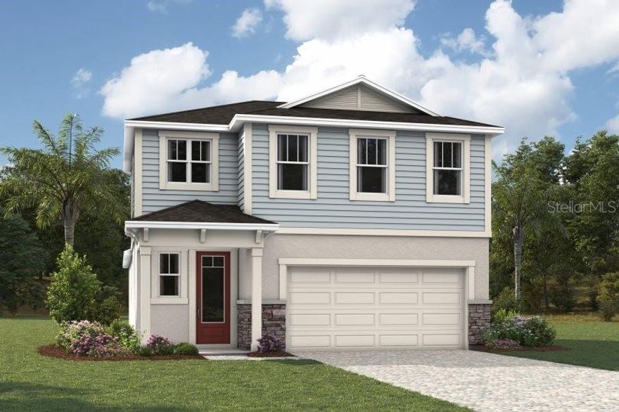 Pre-Construction. To be built. Still time to choose your cabinets, flooring and countertops! The Brookstone is a beautifully designed two-story home offering just over 2,000 square feet of thoughtfully arranged living space. With the owner’s suite conveniently located on the main floor, this home blends functionality and style to suit a wide range of lifestyles. Ideal for families or those who love to entertain, the Brookstone features an open-concept layout that brings everyone together while still providing private retreats for rest and relaxation.
The heart of the home is the expansive L-shaped kitchen, which stretches along the entire back wall and boasts an abundance of cabinet and countertop space. This extended layout provides generous storage, plenty of room for kitchen essentials, and ample prep space for meals or entertaining. The kitchen also includes a walk-in pantry and a large island with a breakfast bar that seats up to four, perfect for casual dining or socializing. The kitchen flows effortlessly into the dining area and great room, creating a seamless space that encourages connection and comfort.
Just off the foyer is a conveniently located powder room, adding functionality for guests and everyday use. The owner’s suite is a private and spacious retreat on the main level, with enough room for a king-size bed and additional furniture. The en suite bath features a glass-enclosed shower with a high-set privacy window, dual sink raised vanity, a linen closet, and a private water closet. It's a luxurious and peaceful space designed for relaxation.
Upstairs, two secondary bedrooms share a full bathroom and are perfectly positioned around a versatile loft space. This loft provides additional living space that can be used as a media room, play area, or home office—whatever suits your lifestyle best.
A covered lanai extends the living space outdoors, offering a shaded spot to relax, entertain, or enjoy the Florida weather year-round.

Photos, renderings and plans are for illustrative purposes only and should never be relied upon and may vary from the actual home. Pricing, dimensions and features can change at any time without notice or obligation. The photos are from a furnished model home and not the home offered for sale.
