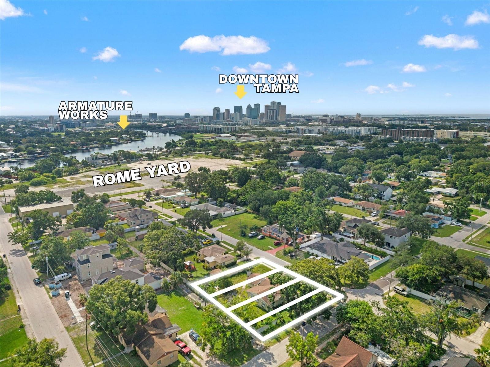 2701 N Fremont Way offers four fully buildable lots in the heart of Old West Tampa, including one corner lot measuring 30 feet wide by 98 feet deep and three interior lots, each 25 feet wide by 98 feet deep. These parcels were established through a year-long Planned Development rezoning process and are thoughtfully designed for modern “shotgun” style homes with a buildable height of up to 35 feet, allowing for three stories. With 5-foot side yard setbacks, 13.5-foot front yard setbacks, and 15-foot rear yard setbacks, the plans support homes in the 2,000+ heated square foot range—spacious, efficient, and perfectly suited for today’s buyer. Each lot provides space for two-car parking with rear alley access, keeping the front yards open for welcoming porches and strong curb appeal.
The opportunity to build four homes side by side is especially rare, as it allows a developer to create a pocket neighborhood where the architecture and charm of each home elevates the value of the others. For inspiration, visit the four-home development at 2336 W Beach St., where side-by-side modern designs showcase exactly how this type of project can transform a block. The area is already seeing high-value new construction, including 1717 W Beach St., which sold for $975,000, and 1740 W Saint Louis St., currently pending at $850,000.
Positioned next to the transformative Rome Yard redevelopment and the planned expansion of the Tampa Riverwalk, this site sits at the center of one of the city’s fastest-growing corridors. Just minutes from Downtown Tampa, Armature Works, and the waterfront, this project represents a rare infill play with both lifestyle appeal and long-term upside.