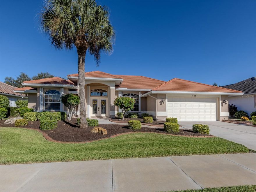 Beautiful J&J built custom home in the highly desirable The Lakes of Jacaranda.  This one owner home has a split floor plan with 3 bedrooms, 2 bathrooms and a 2 car garage. Great curb appeal on a quiet street.  As you enter through the impact rated,  pretty front double doors, the first thing you will notice are the high ceilings.  The living and dining rooms are light filled.  The white kitchen has granite countertops, adjacent laundry with a pantry. The second and third bedrooms share a bath on one side of the house, the primary bedroom is on the other side with a spacious bath with double sinks, tub and separate shower.  J&J homes are known for having lots of windows and sliding glass doors, no shoebox here!  Sliding glass doors lead to the spacious lanai where you will want to spend a lot of time.  Don't want to have the upkeep and cost of a pool?....The Lakes of Jacaranda has a community pool where you can meet new friends and neighbors....and then when you want to take a private dip, walk out to your own inground spa.  This home has curbing around the gardens, plantation shutters, hurricane shutters, a new roof 10/2022, and has been re-piped. The Lakes of Jacaranda has a clubhouse, community pool, tennis and pickleball courts and a walking/biking path that winds through the community.  There are sidewalks on both sides of the streets for convenience and visually appealing.  Shopping, dining, golf, medical facilities and the beaches are all nearby. Please check out the 3D Matterport tour!