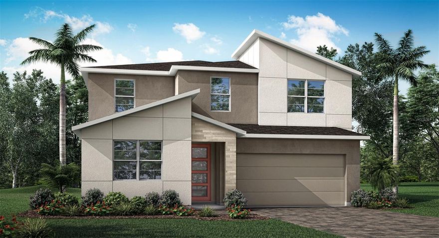 This two-story, single family Sequoia floor plan boasts five bedrooms, three baths, loft and a study. The 1st floor offers one bedroom adjacent to a full bath with a step-in shower with built in bench. Inside, the open floor plan creates a truly spacious feel on the first floor which includes a twelve foot sliding glass door and four large windows across the back of the home that let in ample natural light. The slider leads way to an expanded covered lanai with a paver deck, perfect for a quiet morning coffee with a view of the large pond. The kitchen boasts 42 inch cabinets in Linen in the executive kitchen, finished with quartz countertops and upgraded tile flooring, with generous cabinet space and a walk-in pantry. Upstairs you will be greeted by a large loft and an expansive owner's suite and bath quietly separated from three secondary bedrooms. This home comes with a full smart home package, walk-in closets, two linen closets and lush landscaping.