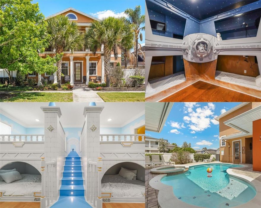 ***ACTIVE MEMBERSHIP AVAILABLE*** MUST SEE HOME!!! Located in the beautiful Reunion Resort in the desirable Homestead community, this home is sure to impress! This FULLY FURNISHED home has been meticulously maintained by its current owners and recently RENOVATED with HIGH END FINISHES throughout. This home has one of the best locations in the resort being just a short walk to the Reunion Grande and all the amenities! Walk to Starbucks in the morning for a fresh cup of coffee or stroll over to the Chophouse in the afternoon for fine dining! The front of the home overlooks the 9th hole of the beautiful TOM WATSON SIGNATURE COURSE! Enjoy watching the golfers play while sitting on your private balcony! The pool gets excellent sun exposure throughout the day since the home is on a corner lot with no obstruction to the west! Not to mention the pool also has a SUMMER KITCHEN perfect for grilling out with the family! There is in-law suite over the garage with a separate bedroom, living room and kitchen is perfect for family or friends. The home is perfect for rentals and has been geared up to standout with multiple THEMED BEDROOMS such as STAR WARS, IN HOME MOVIE THEATER, ARCADE, & a PRINCESS CASTLE ROOM! The castle room also has a SECRET SLIDE that leads to an UNDERWATER THEMED ROOM! Don’t miss your chance & schedule your showing today! REUNION’S Proximity To All The Major Theme Parks Especially Disney World Being Just 2 Exits Away, Makes This Vacation Community A Top Choice For Visitors Of All Ages. If You Are Looking To Take A Few Golf Swings While On Your Vacation You Can Take The Challenge On Any Of The 3 World Class Championship Golf Courses Designed By Arnold Palmer, Tom Watson And Jack Nicklaus That Are Located On Site. Hungry?, Why Not Step Into One Of The 5 Onsite Restaurants That Go From Hamburgers At The Cove To Fine Dining At Eleven And Everything In Between. There Are 12 Pools In The Community Including Multimillion Dollar Water Park With Lazy River & Water Slide.