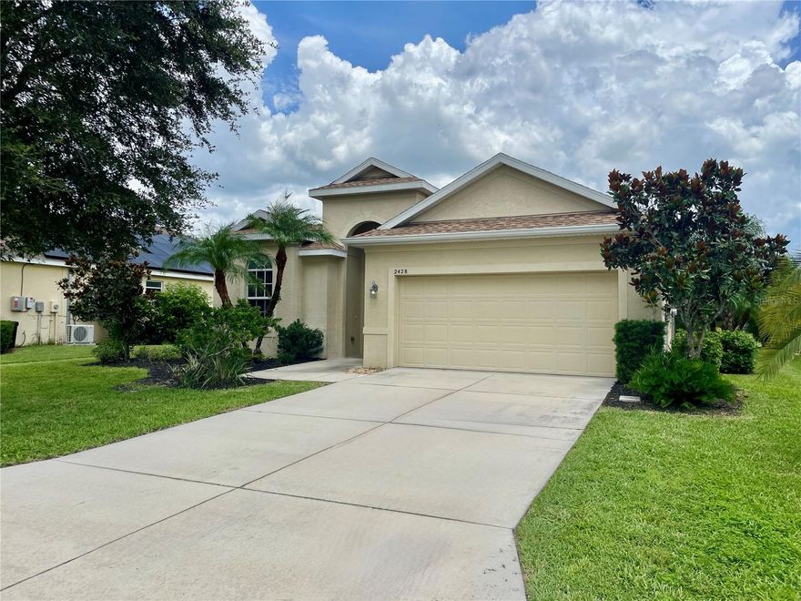 2 Beds, Plus Huge Den, 2 Full Baths and lawn care included! This immaculate Medallion home is situated on a beautiful lake in River Plantation, where you can enjoy stunning sunrises and cool breezes on your huge extended lanai. Recently entirely freshly repainted both inside and outside. This home boasts 2 bedrooms as a split plan, PLUS a huge Den with glass french doors that would make a great office or additional 3rd room. Soaring ceilings throughout, some as high as 14' really give this home its bright and airy feel. The kitchen has a plethora of cabinets and beautiful granite countertops, with a whisper quiet dishwasher among the included appliances and the home has a newer AC too. Lawn care is included in the rent so live maintenance free! River Plantation has many great amenities including a clubhouse, playground, tennis, pickleball and basketball courts, community pool, canoe & kayak launch, 2-mile nature trail and only minutes to the Ft Hamer Park & Boat Ramp and also only minutes from shopping and the Ft Hamer Bridge! Tenant occupied until 11.23.25, please allow 24 hours' notice for showings.