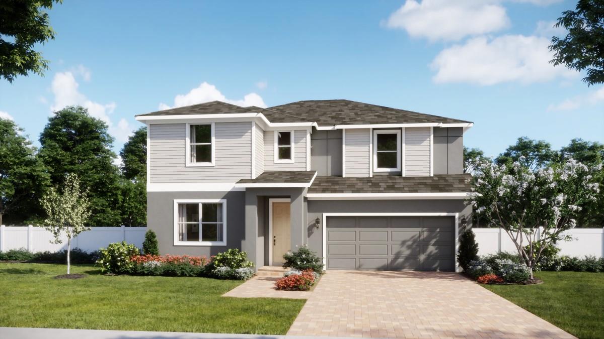 Under Construction. Discover the comfort and elegance of the Newcastle plan, a beautifully designed 4-bedroom, 3.5-bath home featuring a sought-after first-floor guest suite with a private ensuite bath. This spacious layout includes a large second-floor loft perfect for entertaining or relaxing, and an extended rear covered Lanai ideal for outdoor living. The stylish kitchen boasts sleek quartz countertops, tile backsplash, and 42" upper cabinets with crown molding. Tile flooring runs throughout the first-floor main living areas, adding durability and style. The luxurious Primary suite offers a spa-like bath with dual sinks in adult-height vanity, quartz countertops, an oversized walk-in closet, and shower with upgraded tile surround. Blinds are included throughout for added convenience—this home is available for quick delivery with upscale finishes and thoughtful design at every turn. Outstanding amenities include covered Playground and walking paths featuring outdoor exercise equipment, with future amenities to include pool and cabana. Oakview is conveniently located just 1 mile from SR 429 for easy commuting, and only 11 miles from Wekiwa Springs State Park and 12 minutes from Lake Apopka. Additionally, the Community is close to the upcoming new Wyld Oaks development featuring a 3 acre medical campus and extensive retail spaces.