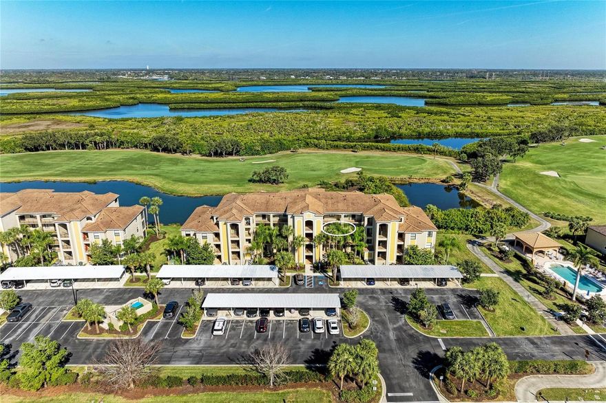 NEW PHOTOS! Welcome to the “Coastal Serenity” condo. Once you see this golf-deeded unit in River Strand Golf & Country Club there is no reason to look any further.  The condos here appear to be alike but once you open the door at this gem you’ll find that there is just no comparison! UPDATED throughout.  Let’s start with the kitchen which has been remodeled with NEW cabinets (not just painted), New modern neutral granite countertops & under cabinet lighting. The cabinets feature 42” uppers, base drawers, dovetail drawers, soft closer drawers & doors, full pantry with pull out shelves & stationary shelves floor to ceiling, custom spice drawer & in cabinet trash can.  The bedrooms have LVP-luxury vinyl plank flooring added in the two bedrooms so NO carpet!  The Master Closet has a custom closet refresh by Closet by Design.  Lastly, the systems have been updated, saving you literally thousands…new HVAC and dishwasher in 2024 along with a new water heater in 2025.  The views are stunning offering both water and golf from the third floor.  Peace of mind comes along with the condo which has impact doors & windows. The elevator allows for quick access and you also have a roomy storage closet for all you luggage, golf & beach equipment. The satellite pool is adjacent to this building so consider it your own private oasis. River Strand Golf & Country Club is a friendly community with a 27-hole Arthur Hills designed golf course, 9 Har-Tru Tennis Courts, 8 Pickleball courts, 2 Resort-Style Pools, 6 Satellite Pools, currently renovated Clubhouse with restaurant & social events, Community Center & 2 fitness centers in this luxury gated community with 24 hr. security & lawn maintenance.  Convenient location to I-75, Costco, Target, Hobby Lobby & more, University Town Center, & beaches complete the package.  River Strand Golf & Country Club More than a Community, It’s a Lifestyle.