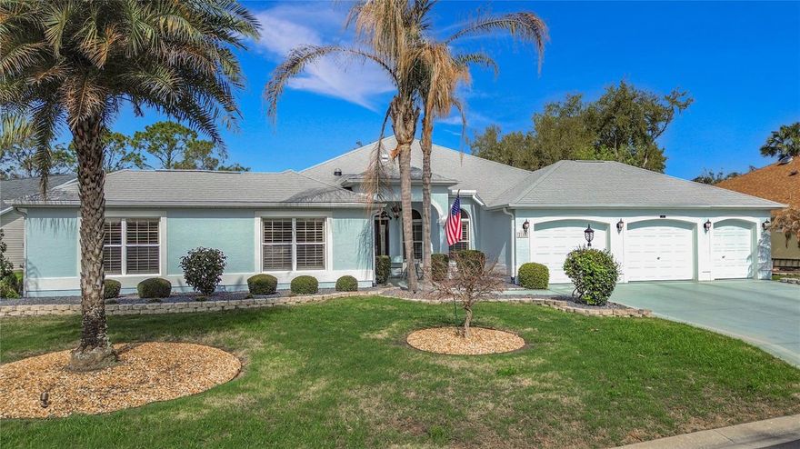 No bond! This beautifully expanded Gardenia model (2,291 sq. ft.) offers exceptional living with a propane stone fireplace and a spacious birdcage featuring a heated pool overlooking the Tierra Del Sol Golf Course. Being offered fully turnkey with great furniture, this home includes 3 bedrooms, 2 bathrooms, and a versatile bonus room that can serve as a den, office, or additional bedroom. The kitchen is thoughtfully designed with ceramic tile flooring, quartz countertops, top-of-the-line Samsung appliances, and elegant lighting above and below the cabinetry, along with convenient pull-out drawers. A separate laundry room includes a top of the line Samsung washer and dryer, complemented by custom built-in cabinetry. Both bathrooms feature updated ceramic tile flooring, tiled showers, and modern fixtures. Throughout the home, you’ll find high-grade laminate and ceramic tile flooring—no carpet—along with three strategically placed solar tubes that enhance natural light. The spacious primary suite includes a sliding door to the lanai and pool area, as well as walk-in closets with custom cabinetry and shelving. Additional upgrades include plantation shutters on all windows, new lighting and ceiling fans, and crown molding throughout the entire home—including the bathrooms. At the lanai entry, Hunter Douglas Silhouette shades are installed, with a motorized center shade and transferable warranty. The property also features a large two-car garage plus a separate golf cart garage, an epoxied garage floor, and built-in cabinetry. Situated on an oversized, professionally landscaped corner lot, the home showcases beautiful palm trees, decorative lighting on three sides, and an underground gutter drainage system. Major updates include a new A/C system in 2025 and a roof replacement in 2020. Ideally located near both Spanish Springs and Sumter Landing town squares, you’ll also enjoy close proximity to six quality golf courses, major shopping areas, great dining, first class medical centers, and The Villages Hospital—all easily accessible by golf cart. This home presents a fantastic opportunity at an outstanding value!!!!