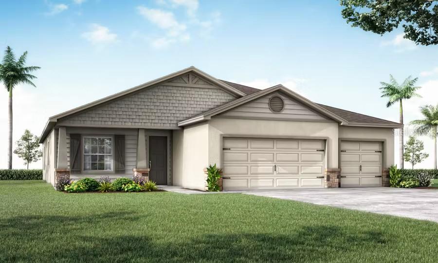 Under Construction. New construction home with 2356 square feet on one-story including 4 bedrooms, 2.5 baths, and an open living area. Enjoy an open kitchen with Quartz countertops, Samsung stainless steel appliances, a walk-in pantry, and a spacious counter height island, fully open to the dining café and gathering room. The living area, laundry room, and baths include luxury wood vinyl plank flooring, with stain-resistant carpet in the bedrooms. Your owner's suite is complete with a walk-in wardrobe and a private en-suite bath with dual vanities, a tiled shower, and a closeted toilet. Plus, enjoy a covered lanai, 3-car garage, custom-fit window blinds, architectural shingles, energy-efficient insulation and windows, and a full builder warranty. "Please note, virtual tour/photos showcases the home layout; colors and design options in actual home for sale may differ. Furnishings and décor do not convey.