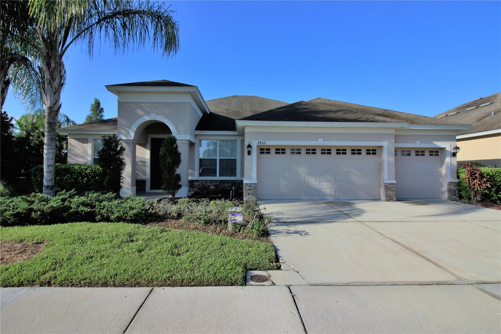 Beautiful 4 bedroom, bonus room, 2 bath, 3 car garage, lakefront home in Bridgewater! This North Lakeland community offers many amenities including resort style pool, clubhouse, fitness center, tennis courts, playground, walking trails, fishing pier and more! This beautiful, well maintained home has so much to offer - spacious floor plan with large rooms, desirable amenities, amazing neighborhood, and fantastic location! Perfect for family gatherings and entertaining with the family room/ kitchen combo which boasts triple sliding glass doors overlooking the lake. The gourmet kitchen features granite counters, 42"wood cabinets, upgraded 18x18 tile, breakfast bar, breakfast nook, and appliances. The separate living room space at front of house can also be used as formal dining room. The master suite boasts a large walk-in closet with California closet system, bay windows overlooking the lake, vaulted ceilings, full bath with garden tub, separate shower with custom tile and dual sinks. Working from home will be convenient with the spacious home office bonus room situated at the front of the home. Bedrooms 2,3 and 4 are situated away from living area with upgraded carpeting and share hall bath. Enjoy a nice stroll down the sidewalk through this quiet neighborhood or relax on the oversize lanai looking across the backyard with large cypress trees and serene lake. Three car garage offers plenty of parking. House has been freshly painted inside. Convenient to I-4, Tampa, Orlando, and the new Lakeland Poly University. Sorry, no pets.