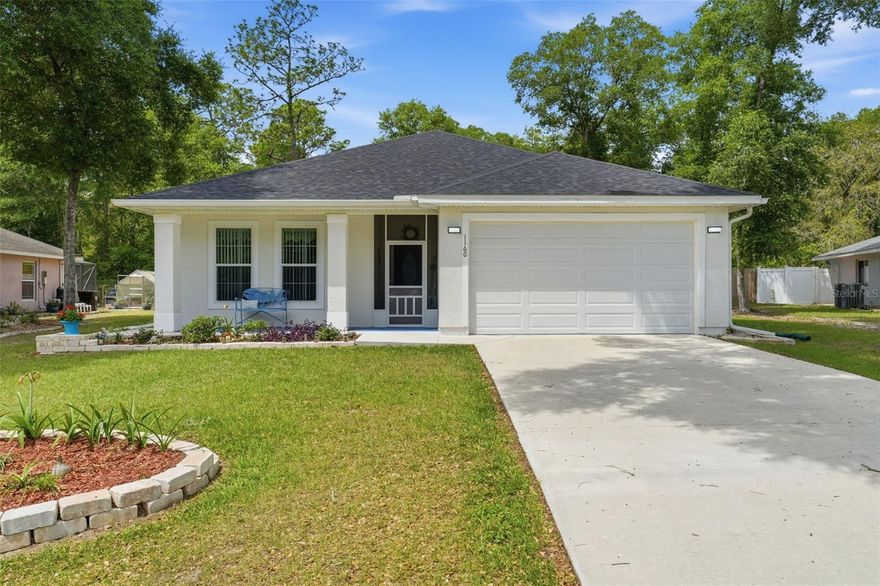 Seller offering a one year rate buy down! Charming home nestled in a quiet gated community, with the Ocala National Forest as your back yard neighbor. Built in 2024, this beautifully designed two bath, two bath residence with a dedicated office offers the perfect blend of rustic Florida charm and modern conveince. Step inside to discover thoughtful upgrades throughout, including stylish lighting fixtures, custom doors, ceiling fans, and a programmable thermostat for year-round comfort. The spacious primary bath features a new vanity, toilet, and a cedar lined closet, adding both luxury and functionality. Enjoy peaceful mornings on the screened front porch, or unwind on your screened rear patio within a fully fenced backyard, complete with fresh landscaping and a pergola covered gardening area, ideal for relaxing or entertaining.With serene forest views and modern touches throughout, this home is a retreat in a natural setting. The community offers a covered pavilion, BBQ grills, kayaking, or paddleboarding on Lake Waldena, and RV/boat storage. Welcome home!!!
