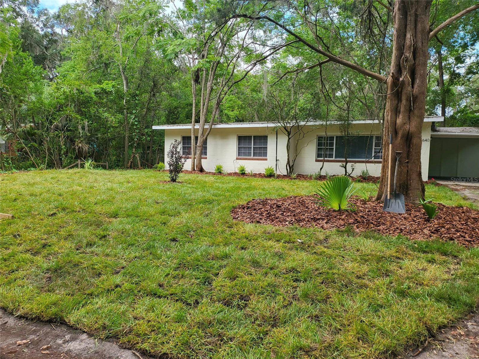 This updated concrete block home sits under a canopy of mature trees, offering modern style in a peaceful setting. Features include an open-concept living area with luxury vinyl flooring, fresh neutral paint, and abundant natural light. The sleek kitchen boasts white shaker cabinets, butcher block counters, subway tile backsplash, and brand-new stainless steel appliances. Both bathrooms are tastefully updated, and all bedrooms are generously sized. Enjoy a private wooded lot, fresh exterior paint, and a covered carport that doubles as a shaded patio. Conveniently located yet tucked away for privacy. Move-in ready!