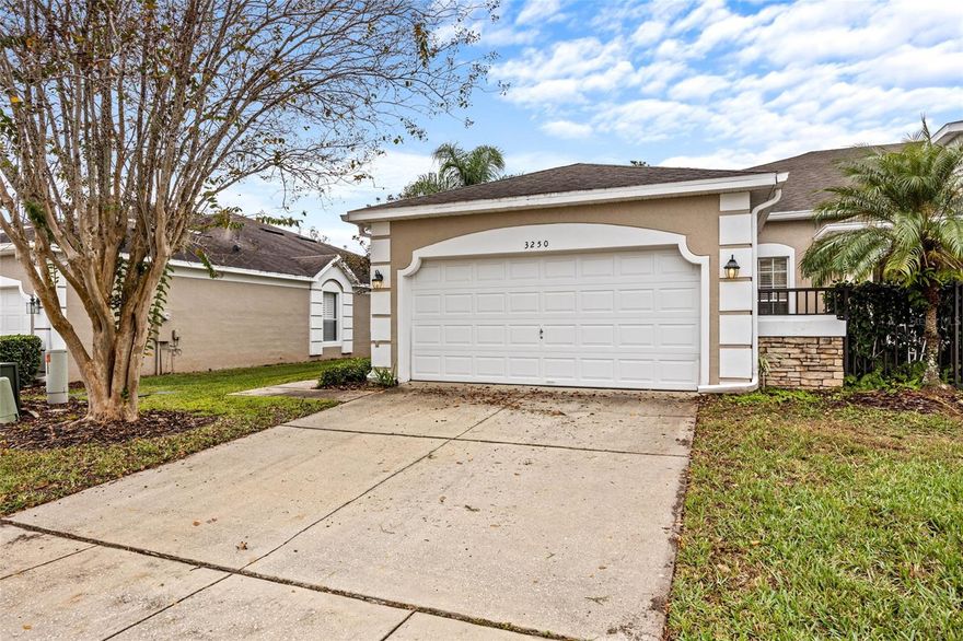 This meticulously maintained 3-bedroom, 2-bath townhouse is a haven of comfort and convenience within the sought-after gated community of Sterling Park at Stonefield. The open and split floor plan is a highlight, strategically separating the master bedroom from the other 2 bedrooms for enhanced privacy. The master bedroom is a retreat, featuring a walk-in closet and an en-suite master bathroom for your comfort and convenience. The kitchen is both functional and inviting, offering a spacious passthrough, ample cabinet and counter space, and a well-lit casual dining area.  As you step onto the screened-in rear patio, you're greeted with a breathtaking panoramic view of the entire complex. The lush green space surrounding your home creates a tranquil atmosphere, providing a sense of privacy and connection with nature.
The attached garage not only offers sheltered parking but also provides additional storage space.  Residents of Sterling Park at Stonefield benefit from a well-managed homeowners association (HOA) that covers outdoor lawn care, landscaping, irrigation, exterior maintenance (including a roof replacement in 2018), and exterior paint. The community itself is rich in amenities, including a beautiful clubhouse that hosts regular community events and activities. The resort-style pool, tennis courts, and fitness center cater to an active lifestyle.  Beyond the community, the prime location of this townhouse offers quick and convenient access to some of Orlando's most beloved attractions, including Walt Disney World and other major destinations. The proximity to the international airport, beaches, and various amenities makes this residence ideal for those seeking a well-rounded lifestyle. Shopping, dining, and grocery options are just moments away, further adding to the convenience of everyday life. Don't miss the opportunity to make this your home—schedule your showing today and experience the perfect blend of comfort and convenience in the heart of Sterling Park at Stonefield.* Bonus* Two adjacent units are being sold together or separately!  3250 and 3252 River Branch Circle.  They share the best view in the neighborhood complete with a pond and fountain.  Both units share a Courtyard.  Perfect for a possible mother-in-law suite or long-term rental investment!  Live in one unit and rent out the other!