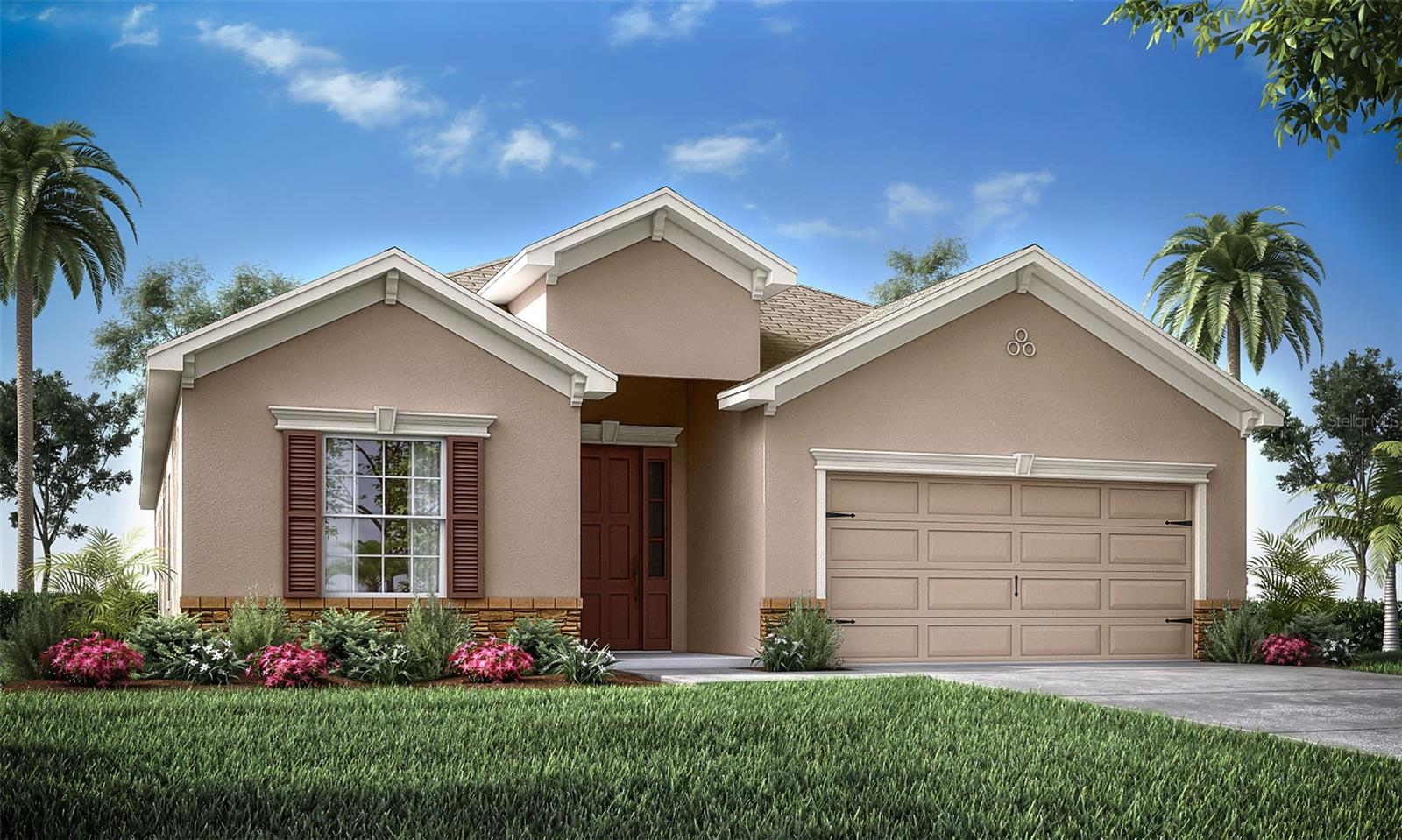New construction home with 2029 square feet one-story including 4 bedrooms, 2.5 baths, and an open living area. Enjoy an open kitchen with Quartz countertops, Samsung stainless steel appliances, pantry, and a spacious counter height island, fully open to the dining café and gathering room. The living area, laundry room, and baths include luxury wood vinyl plank flooring, with stain-resistant carpet in the bedrooms. Your owner's suite is complete with a walk-in wardrobe and a private en-suite bath with dual vanities, a tiled shower, and a closeted toilet. Jack-and-Jill Hall bath with an enclosed tub and toilet, accessed from bedrooms 3 and 4. Plus, enjoy a covered lanai, 2-car garage, custom-fit window blinds, architectural shingles, energy-efficient insulation and windows, and a full builder warranty.
Please note, virtual tour/photos showcases the home layout; colors and design options in actual home for sale may differ. Furnishings and décor do not convey.