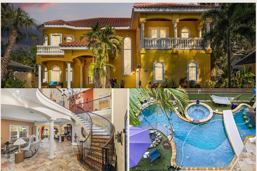 Welcome to an exquisite piece of St. Petersburg history! Nestled in the coveted Jungle Prada neighborhood, this custom 7 ROOM Home: 5 bedrooms, game room, gym, 4.5 baths, pool home is a blend of modern luxury and timeless charm. Enjoy spacious living areas filled with natural light, a gourmet kitchen perfect for entertaining, spiral staircase, balconies, and a stunning backyard oasis with a sparkling splash pad entry pool, pool bars, fountains, and spa to name a few.  The home opens up to an open concept living room and breathtaking kitchen. To the left the home has a bonus room that currently has a pool table but could be used as a den/office/game room. Next to it is a gym room with its own full bathroom that opens up to the backyard for a swim or moment of serenity. The kitchen is a hosts dream with built in Wok burner, beer tap/bar with its own sink, built in oven and microwave, and beautiful cooktop island with stainless steel vent hood make the kitchen a center of the first floor. The half bath and a cozy guest bedroom finish off the interior first floor. The spiral staircase takes you to the second floor living quarters with a spacious master bedroom, and 3 bedrooms, two baths, and laundry room. Each bedroom has access to a balcony for fresh air and relaxing views. Home purposefully incorporates something for everyone, whether you love to entertain or simply have it all at home for cozy, relaxing moments. Open the door to listen to the pool oasis waterfall for therapeutic benefits. Backyard is easy maintenance with artificial turf that provides a clean and carefree aesthetics. Front yard has a portico front parking that extends to the front door, historic brick street, lined with mature trees in the neighborhood that adds a classic charm. Situated near the Boca Ciega Bay waterfront, minutes from Jungle Prada de Narváez Park, and steeped in local heritage, this home offers not just a residence, but a lifestyle. Don’t miss the opportunity to own a unique slice of Jungle Prada’s charm! Contact for options to buy, a list of the homes features, or to take a tour. https://media.floridahomephoto.com/911-Jungle-Ave-N/idx