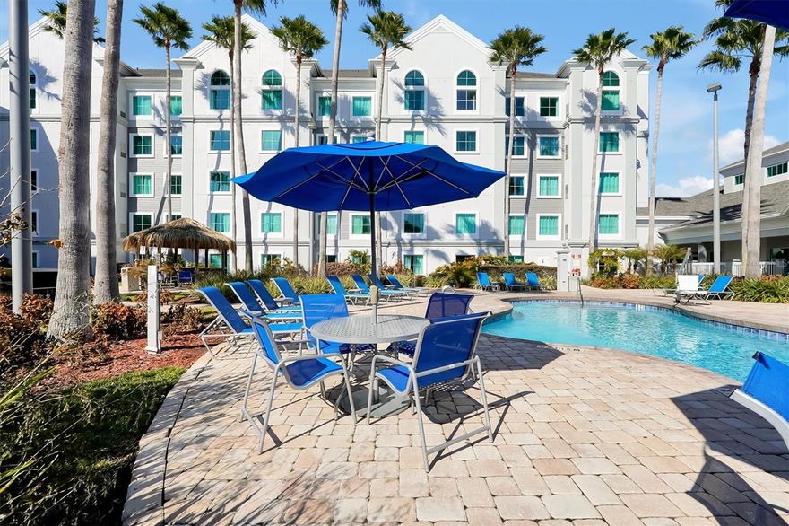 Pool view. 1 bedroom Condo suite, Vacation Rental, 1 mile and a half from Disney Springs, Sea World and Convention Center 3 miles, Universal Studios 5 miles, Epic 6 miles. Self managed on Airbnb, Booking.com or VRBO or hire your own Management Company. HOA dues include water, sewer, electric, pool towels, internet, cable, free shuttle to parks, gym. Lobby has ticket counter for Park Attractions.