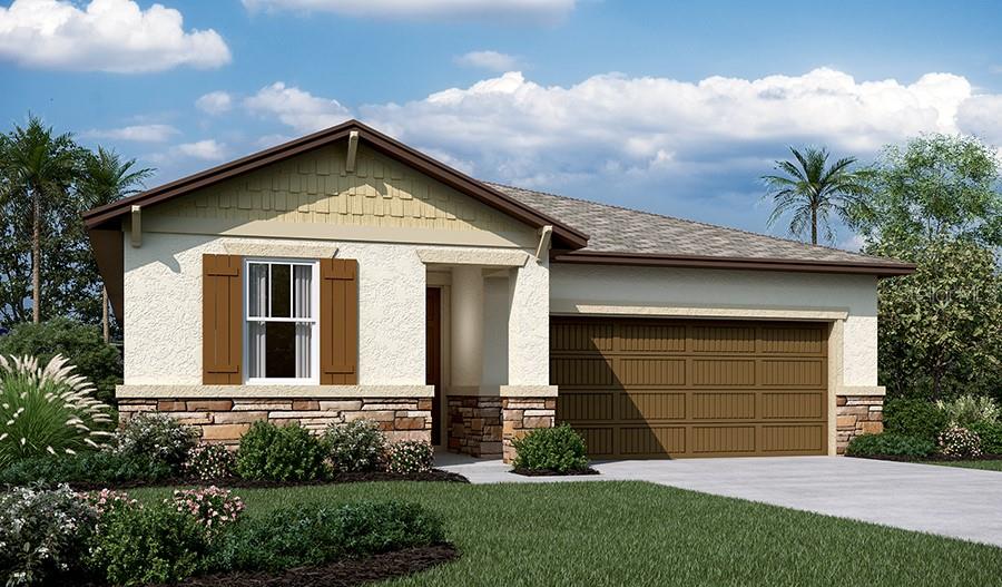 Under Construction. This contemporary home is assured to to catch your eye as you enter through the 8' exterior doorway. Preeminent luxury 7"x22" Wood-Look Tile Flooring graces the main walkway, dining, kitchen, and great room areas. Upgraded great room, bathroom & laundry room windows enhance this homes natural light on sunny Florida days. Ultra modern stainless steel GE appliances, white quartz countertops, undermount stainless steel sink and white 42" cabinets w/brushed nickel hardware finishes highlight a lavish kitchen. Experience Florida living at its finest with an included covered lanai. Additional highlights include an alcove for tech center workspace. An airy master bedroom with en suite bathroom boasts a tiled shower enclosure and double vanity. A must have list of elegant upgrades your assured to fall in love with. 1x capital contribution fee of $350. * SAMPLE PHOTOS Actual homes as constructed may not contain the features and layouts depicted and may vary from image(s).