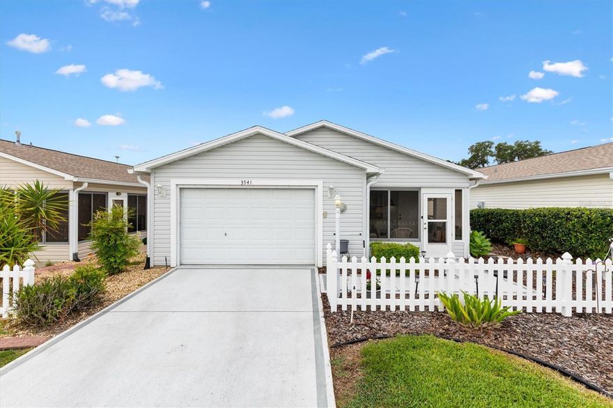 Charming 2-bed 2-bath Colony Patio Villa located in The Village of Belle Aire offers comfortable Florida living with NO BOND and turnkey furnishings available optionally. Major updates include a roof 2019 plus HVAC and hot water heater updated in 2017. Just minutes by golf cart to Tally Ho and Fox Run golf courses, Savannah Regional Recreation Center and Mulberry Plaza and recreation center for activities, entertainment and shopping. Enjoy relaxing mornings in the front-facing enclosed lanai or entertain family and friends on the side open patio featuring an awning shade, perfect for outdoor grilling and dining. Sliding doors to the patio feature convenient inset blinds, while additional awnings around the home add both charm and energy efficiency. Inside, you’ll find ceramic tile flooring throughout, ceiling fans in every room, and a bright open floor plan designed for easy living. The eat-in kitchen features a breakfast bar, farm sink, pantry closet, solar tube, and ceiling fan, creating a cheerful and functional space. The master suite offers an ensuite bath with a shower. The guest bath includes a tub/shower combination with sliding glass doors. The garage provides additional room for a golf cart along with storage cabinets and shelving for extra convenience. The  A 2017 4-seater golf car is also available separately, making this villa the perfect opportunity to enjoy The Villages lifestyle. Make an appointment today to see this home and  begin to savor life all The Villages and surrounding areas have to provide.