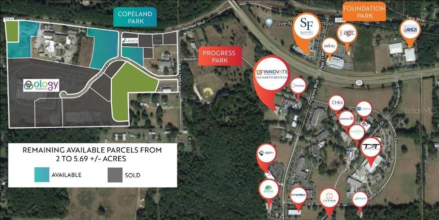 1.0 to 5.69 +/- acres. The land is divisible. Deed restricted industrial parcels in Copeland Industrial Park. There are several lot sizes and prices available. Build to suit and land lease may be available. Located within The Progress District, a well-established business district in Alachua, Florida between Gainesville and Alachua. Copeland Park has flexible zoning and accommodates a mixture of uses including office, warehouse, manufacturing, flex space as well as the needs of growing technology and biotechnology companies. Foundation and Progress Park neighbor Copeland Park with top research companies like Ascend, Evergen, UF Innovate, Intermed and many others. The location is just off of US 441 which has a daily traffic count over 18,000.