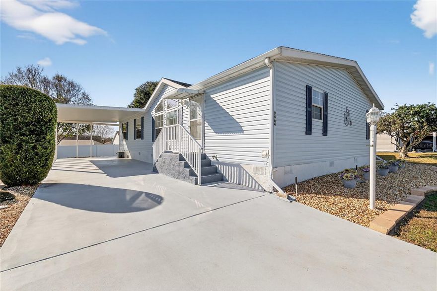 DISCOVER YOUR DREAM HOME AT HILLTOP ESTATES A 55+ COMMUNITY, MOVE IN READY!! YOU OWN YOUR OWN LAND!! NO LOT FEES OR CDD BONDS!! THIS BEAUTIFULLY MAINTAINED 3-BED, 2 BATH HOME IS OFFERING 1,612 SQ. FT. OF LIVING SPACE AND 2,396 TOTAL SQ. FT. 
AS YOU ENTER, YOU ARE WELCOME BY A SPACIOUS LIVING AND DINING AREA WITH VAULTED CEILINGS, CREATING AN OPEN AND AIRY FEEL. THE DINING ROOM FLOWS NICELY OFF THE LIVING ROOM AND A GLASS SLIDING DOOR LEADS TO THE LANAI. THE KITCHEN IS BOTH FUNCTIONAL AND INVITING, FEATURING TILE COUNTERTOPS, WOOD CABINETRY, RECESSED LIGHTING, AND A BREAKFAST BAR. ENJOY THE SPACIOUS PRIMARY BEDROOM OFFERING NEW CARPETING, FRESHLY PAINTED, CEILING FAN AND WALK-IN CLOSET.  THE PRIMARY BATHROOM INCLUDES, LALMINATE FLOORING, HIS AND HER SINKS, LINEN CLOSET, WALK-IN SHOWER AND SKYLIGHTS. THE 2 GUEST BEDROOMS ARE GENEROUSLY SIZED, EACH WITH CEILING FANS, NEW CARPETS; ONE GUEST BEDROOM HAS A WALK-IN CLOSET. THE GUEST BATHROOM HAS A TUB/SHOWER, LINEN CLOSET AND SKYLIGHT. ADDITIONAL FEATURES INCLUDE AN INSIDE LAUNDRY ROOM, AND A STORAGE SHED WITH SHELVING. AN EXTENDED DRIVEWAY THAT ACCOMMODATES 5 VEHICLES, WITH AN OVERHANG PROVIDING SHADE FOR 2 CARS. NEWER A/C 2022, ROOF MARCH 2019. THE LARGE LANAI OFFERS ALL-NEW SCREENING, PERFECT FOR RELAXING OR ENTERTAINING. NEWLY PAINTED ROOMS, NEW CARPET, NEW LAMINATE FLOORS. 
A LOW MONTHLY HOA FEE OF $130 INCLUDES WATER, SEWER, TRASH, AND ACCESS TO COMMUNITY AMENITIES SUCH AS POOL, JACUZZI, CLUBHOUSE, RV PARK, SHUFFLEBOARD, AND PICKLEBALL COURT.
IDEALLY LOCATED CLOSE TO THE VILLAGES, OFFERING CONVENIENT ACCESS TO RESTAURANTS, MEDICAL OFFICES, THE VA, WALGREENS, AND HAIR AND NAILS SALONS. 
PLEASE CONTACT ME FOR A TOUR OF THIS FABULOUS HOME. THANK YOU!