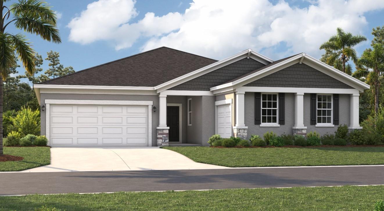 One or more photo(s) has been virtually staged. Under Construction. Discover the perfect home at Groves at Grand Island, where you'll experience the convenience of a three-car garage, spacious homesites, and accessibility with its incredible location. Nestled between Lake Yale and Lake Eustis, and just off Routes 44 and 452, you'll enjoy convenient access to downtown Eustis, Mount Dora, and Orlando. Running errands or stocking up on groceries is a breeze with Publix Super Market just 7 minutes away. You'll also have access to local restaurants and shops in downtown Eustis and Mount Dora, just minutes away. If you're a fan of an active lifestyle and love the outdoors, you'll love finding numerous parks, lakes, golf courses, and nature preserves nearby. Experience a world of convenience and adventure while living in a peaceful, rural setting near all the beautiful orange groves.
The Southgate features four large bedrooms and two full bathrooms, ensuring ample space for relaxation and privacy. Step inside and be amazed by the spacious open floor plan, allowing for a seamless flow and endless opportunities to unwind and entertain. The heart of the home is the inviting living room, where large windows flood the space with natural light, creating a warm and inviting atmosphere. Enjoy the spacious primary bedroom. Embrace your own personal oasis, complete with a large walk-in closet that will satisfy even the most modern homeowner. Imagine lounging outdoors on your large covered lanai, surrounded by the soothing sounds of nature. For car enthusiasts or those who crave ample storage space, the three-car garage is a dream come true. Say goodbye to clutter and hello to convenient organization and peace of mind. No detail has been overlooked, and this residence even features a laundry room, making doing laundry a breeze. Practicality blends perfectly with style in this beautiful home.
