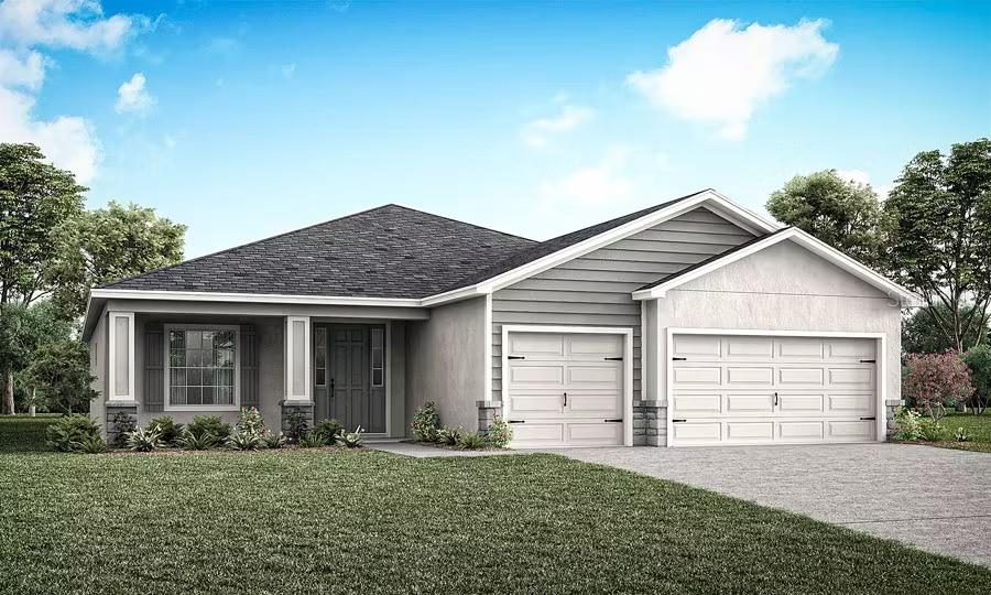 Under Construction. New construction home with 2314 square feet on one-story including 4 bedrooms, 3 baths, and an open living area. Enjoy an open kitchen with Quartz countertops, Samsung stainless steel appliances, a walk-in pantry, and a large counter-height bar, fully open to the dining café and gathering room. The living area, laundry room, and baths include luxury wood vinyl plank flooring, with stain-resistant carpet in the bedrooms. Your owner's suite is complete with a walk-in wardrobe and a private en-suite bath with dual vanities, a large, tiled shower, garden tub and a closeted toilet. Plus, enjoy a covered lanai, 3-car garage, custom-fit window blinds, architectural shingles, energy-efficient insulation and windows, and a full builder warranty. “Please note, virtual tour/photos showcase the home layout; colors and design options in actual home for sale may differ. Furnishings and décor do not convey.