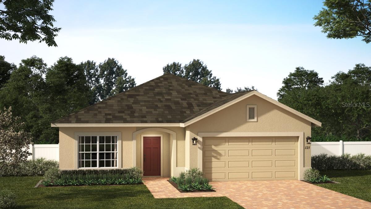 Step into style and comfort with this stunning new home on an oversized homesite featuring an open-concept design, 4 spacious bedrooms, 3 full baths, and a 2-car garage. The expansive Great Room seamlessly flows to a covered rear lanai—ideal for entertaining or enjoying outdoor living with no rear neighbors! Stylish tile flooring enhances the main living areas, while blinds are included throughout for added convenience. The well-appointed kitchen showcases 42" gray cabinets, quartz countertops, a large island, pantry closet, and stainless steel appliances—including refrigerator. Relax in the spacious Primary suite with a luxurious ensuite bath featuring adult-height vanity with dual sinks, shower with wall tile surround, and an oversized walk-in closet. Additional highlights include attractive landscaping, brick paver driveway and lead walk, and a fully equipped laundry room with washer and dryer. This home is truly move-in ready! Community amenities include Resort-style Pool and shaded Playground. Eagletail Landings is located just south of Lake Harris and near some of the best outdoor recreation in the state as well as Lake County's breathtaking chain of lakes and scenic trails, and a thriving downtown area is just a short drive away, along with 2 nearby championship golf courses designed for a challenging and enjoyable day on the greens.