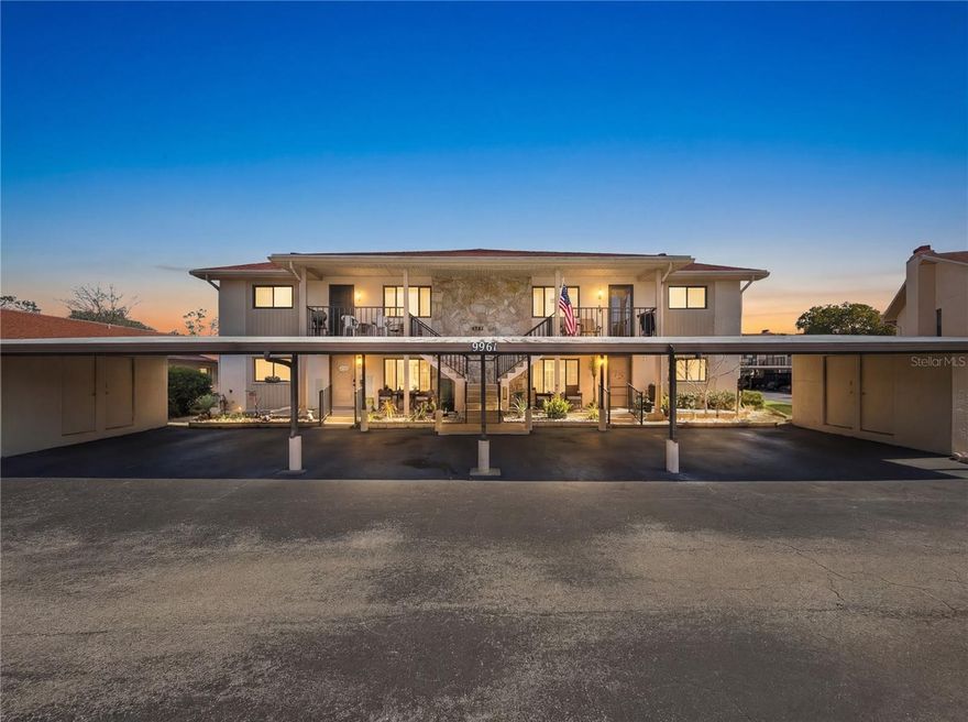 Short Sale. Great 2 bedroom, 2 bath second floor condo in the lovely 55+ community of Eagles Point.  Many great features including easy care laminate & ceramic tile floors throughout & cathedral ceilings.  The Great Room features a wood burning fireplace, a built in bar & sliders out to the Glass Enclosed Porch.  The primary bedroom includes an en suite bath and a walk in closet.  The primary shower has been updated too!  The community pool is heated & cooled to accommodate all seasons and includes a clubhouse for social gatherings. The HOA fees include water, sewer, basic cable, trash, flood insurance, roof, and exterior maintenance. Outdoor enthusiasts will love the kayak access from the community dock ,providing quick Gulf access for peaceful paddles or sunset adventures. The dock is also available to load or unload your boat. So convenient!