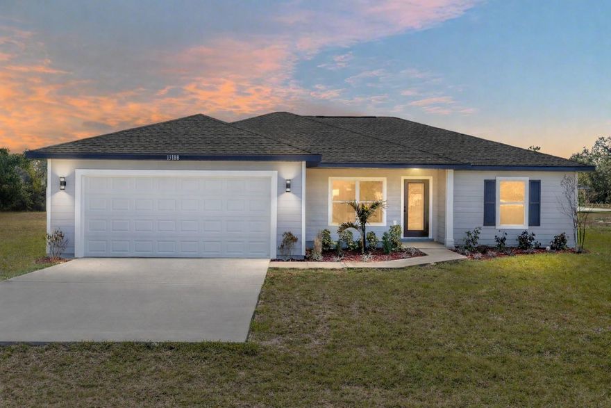 Country living at its finest! New home on an undeveloped road. Experience contemporary living in this brand-new 3-bedroom, 2-bathroom home offering 1,576 sq ft of thoughtfully designed space. The exterior features a charming front porch with a tongue-and-groove ceiling that adds subtle character to its clean lines and modern curb appeal. Inside, you'll find luxury vinyl waterproof flooring throughout and sleek black finishes that complement the bold, modern aesthetic. Black LED pendant lighting adds a stylish touch to the open-concept layout, especially in the kitchen, which is centered around a massive 9-foot island. The space is completed with quartz countertops, solid wood soft-close cabinetry, and stainless-steel appliances (including dishwasher)—a perfect blend of form and function. The spacious primary suite serves as a private retreat, featuring an 18x15 layout with direct access to the rear patio and a spa-like bathroom with dual vanities, a rainfall shower, and recessed lighting. Secondary bedrooms are generously sized at 13x11, offering comfort and flexibility for guests or family. This home includes a limited Builder Warranty valid for one year from the issuance of the Certificate of Occupancy. Colors, finishes, and appliances may vary from home to home. Estimated completion dates are projections and subject to change.