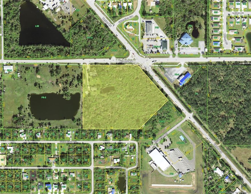 Zoned Commercial, located on the Corner of Airport Road and Taylor Road, access to Jones Loop, US 41 (Tamiami Trail), Piper Road, the Punta Gorda Airport and the I-75 interchange.  Property consists 9.83 Acres with a 1975 Built 3,369sq. foot Single Family Home and a 1,620 sq. foot Detached Garage.