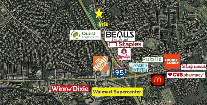 Under contract-accepting backup offers. 15+ Acres, Zoned for Commercial use.  Frontage 1,300' on Old Kings Rd and rear exposure 1,300' on I-95.  Versatile use:  Retail, Food and Beverage, Medical and other options.  Largest available parcel in central commercial corridor surrounded by one of the most densely populated areas in Palm Coast.   Close to I-95 interchange and the intersection of Palm Coast Pkwy and Old Kings Rd.  Versatile development options ranging from retail to medical to hospitality and more.  Utilities available at site.