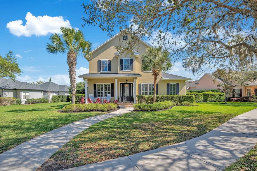 Impressive in scale and timeless in design, this stately NorthLake Park pool home is perfectly positioned on a corner lot overlooking conservation. The scenic approach winds through picturesque, tree-lined streets, setting the tone for the impressive 5-bedroom, 4.5-bath pool home that awaits. From the charming front veranda to the private backyard retreat, the home offers timeless curb appeal and a commanding presence. Inside, soaring ceilings, rich architectural details, and abundant natural light create an atmosphere of refined comfort. Oversized tile and warm wood flooring lead through spacious living and dining areas into a generous chef’s kitchen. Stainless steel appliances, a gas range, built-in oven, and a stone-topped center island with breakfast bar make this kitchen both stylish and functional. The space opens to the dramatic two-story family room, which overlooks the home’s inviting pool terrace. Enjoy Florida living at its finest with sun-filled days by the sparkling open-air pool, complemented by a covered patio and convenient outdoor shower. The luxurious primary suite offers private access to the terrace and features a spa-inspired bath complete with a soaking tub, large walk-in shower, private water closet, and elegant finishes. An attached in-law suite provides exceptional flexibility for multigenerational living, extended guests, or private workspace while remaining connected to the main residence. With 3,677 square feet of living space, this home offers remarkable versatility, including a loft, den or study, bonus room, generous closets, and abundant storage throughout. Extensive recent upgrades provide peace of mind, including a new roof (2024), gas water heater (2025), pool filter body and salt cell (2025), pool pump (2023), energy-efficient windows with a 20-year transferable warranty (2023), refrigerator (2023), dishwasher (2022), built-in oven (2020), pool fence (2019), water softener (2019), washer and dryer (2019), and HVAC system (2018). Ideally located near Lake Nona’s renowned amenities, residents enjoy access to pristine lakes, scenic walking trails, abundant green space, top-rated schools, one being the NorthLake Park Elementary School located within the community, and membership to the YMCA (included in the HOA fee). Convenient proximity to SR-417, and SR-528 for a quick trip to the Orlando International Airport, resorts and attractions! Schedule your private showing today and experience this exceptional home for yourself.