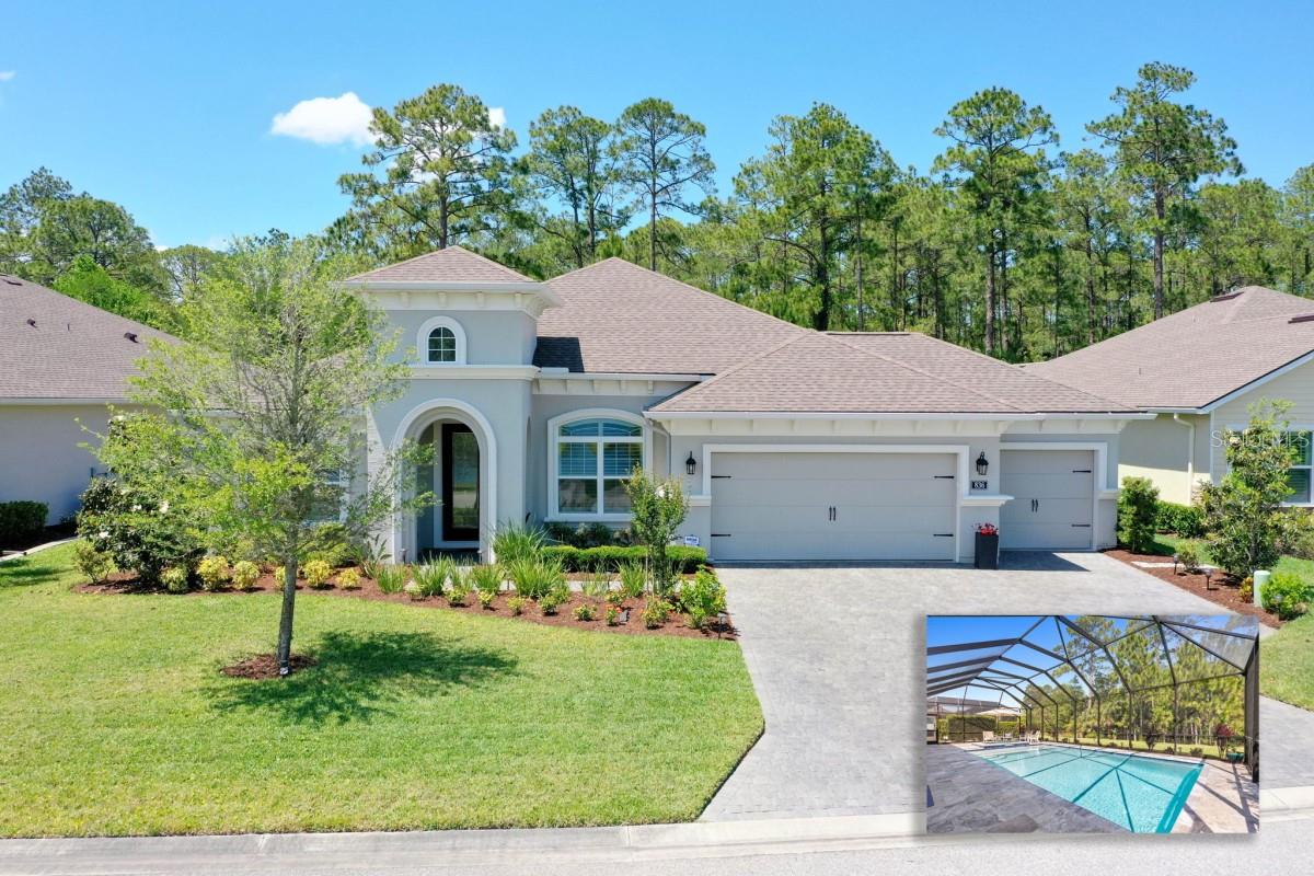 This beautiful 4 bed/2.5 bath + Flex room, spacious 4-car garage home w/heated pool & spa is located in the prestigious Gated Golf Course Community of Plantation Bay! Private preserve views from the expansive screened-in covered lanai AND beautiful Lake/Fountain views in front! Gas heated saltwater pool/spa, travertine tile built in 2023 w/ Pentair Easytouch Control System. Deluxe Kitchen w/ 42' cabs, dovetail drawers/pullouts/softclose, tile backsplash, GE Profile SS appl, counter depth French door fridge, cooktop, wall oven, center island, Butler's pantry w/mirror backsplash, Gorgeous wood-look plank tile, Tray ceilings, sun tunnel, Fireplace, Extra shelving in closets/Pantry, Custom Plantation Shutters, remote control shades, remote solar shade in Lanai, dimmer switches, comfort height toilets, Home Security & Whole House FILTRATION Syst, Ring Doorbell & Gen transfer panel! Irrigation system on a well. Plantation Bay is a golf cart friendly community