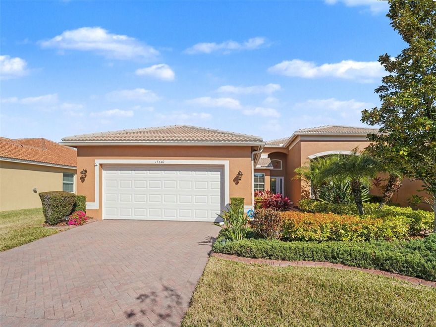 Beautifully upgraded GL Home, located in a gated 55+ Valenica Lakes community offering exceptional resort-style amenities. This meticulously maintained single-story home features upgraded kitchen and laundry cabinetry, enhanced countertops, rocker light switches, custom window treatments, and elegant 18” tile flooring throughout the main living areas. The bathrooms are finished with floor-to-ceiling tile, while the dedicated office is enhanced with classic French doors, ideal for working from home or a private den. Outdoor living is elevated with extended pavers beyond the lanai, perfect for relaxing or entertaining. Additional premium upgrades include a hurricane-impact front door and glass, sealed garage, and a 240V outlet suitable for an electric vehicle or golf cart. Major system updates provide peace of mind, including a newer HVAC system with surge protection (3 years old), new water heater, new water softener with a transferable platinum program, and a dishwasher replaced within the last 6 months. The home was fully painted inside and out last year, and the roof tiles are professionally cleaned and sealed semi-annually. Move-in ready and truly turnkey, this home has been lovingly cared for and shows beautifully. Turnkey furnished—negotiable. Schedule your private showing today!