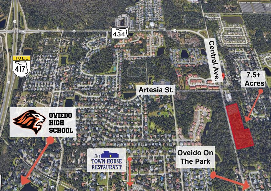 *Adjacent Parcel Available* Other Parcel ID available: 10-21-31-300-016G-0000. This listing is for the Commercial parcel 3.15 acres of arpx 8 acres available. Fantastic piece of vacant land located in the heart of Oviedo off Central Ave and Artesia St. Between the two parcels available they total 940 feet of frontage approximately 8 Acres. One Parcel is zoned commercial and the other is Residential. RARE OPPORTUNITY to secure land north of Oviedo On The Park! Located on main SR 434, N Central Blvd., which is a Major development area. Perfect to plan a commercial, mixed use or residential project, or purchase as investment and hold! Ideal for: shopping centers, hotels, motels, religious buildings, storage facility, restaurants, assisted living facilities, school, gas station, super market, drug store, car wash etc. - LOT 17B Present Zoning R1, DOR Code 10 vacant general commercial. Future Land Use (FLU) Commercial. This has a simple Zoning change requirement. - LOT 16G Present Zoning R1, DOR Code 00 vacant residential. Future Land Use (FLU) Residential, Conservation. Seminole County will look at allowing 3.5 to 8 units per acre after survey done and depending on master plan. Lots have residential subdivisions on two sides and a small commercial center on the third. Seller will consider Owner Financing and will consider selling the parcels separate. Aerial Video Link: https://www.youtube.com/watch?v=LnjkZO08Vsk