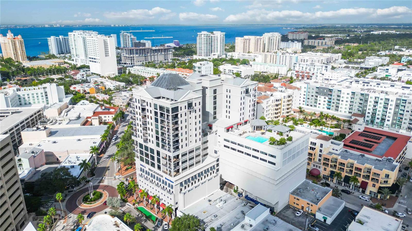 Auction Property. Luxury Live Auction! Bidding to start from $2,700,000! This penthouse is the definition of LUXURY living in downtown Sarasota! Exquisite city views from every angle. Stunning views of Sarasota Bay and the Ringling Bridge will leave you speechless. The warm feeling of home with all of the amenities of a luxury condo to satisfy the most discerning buyer. The foyer welcomes you with gorgeous marble flooring leading into your formal dining room and living space. A picturesque kitchen well equipped with stainless steel high end appliances, an over sized island, & solid wood custom cabinetry. Elegant custom lighting throughout creates the ambiance you deserve. This condo is perfect for entertaining your guests with 3 terraces, a double sided fireplace, and an outdoor kitchen. The master suite offers a complete sanctuary to escape with serene views of the vast waterways. The owner's suite bathroom has everything you desire with a massage spa tub, walk-in shower, separate vanities with dual sinks, and a bidet. The split plan offers complete privacy for your guests and the same fabulous views. The office is perfectly situated with western city and water views. This condo is unique with 3 storage units. Plaza at Five Points amenities include: concierge services, a private lobby, valet parking, well-equipped fitness room library, meeting room, a guest suite, and clubhouse with a fireplace & full kitchen. The 10th floor garden terrace with a heated pool, spa, a screened gazebo, and a sun deck, perfect for enjoying the sun. The 10th floor terrace has breathtaking views for your guests to enjoy as well. Building stewards are on call from 7:00 a.m. to 11:00 p.m. The building has secured entry at all doors and elevators. The garage is gated for owners-only access to two deeded parking spaces. This is everything you have been looking for! PRICED WELL BELOW APPRAISED VALUE! Design services included.