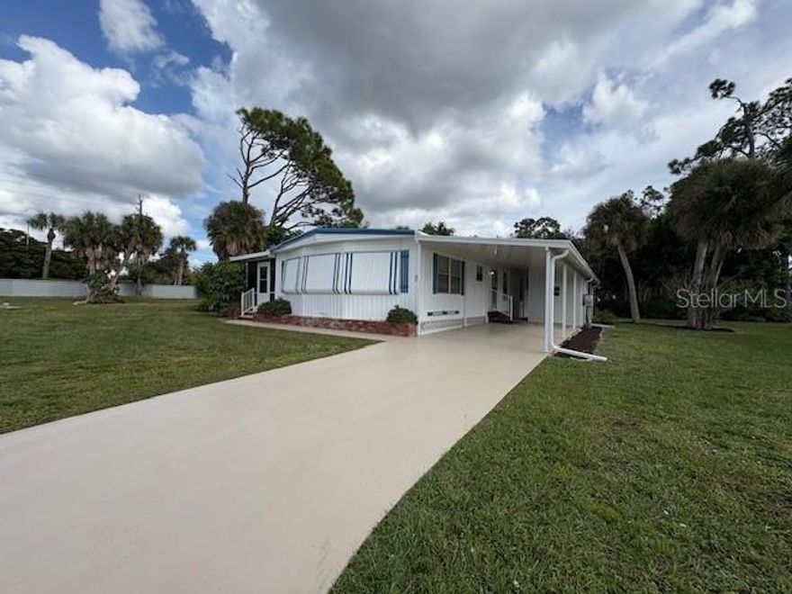 HIGHLY DESIRABLE,  COMMUNITY of ALAMEDA ISLES.  Carefree living in a gated and maintenance free  55+ community, with access to the intracoastal waterway and gulf.   The community itself is  located just minutes from area beaches, shopping, restaurants and world class golf courses.
TURN-KEY FURNISHED, 2 bedroom, 2 bath and large walk-in closets. Kitchen and bathroom flooring replaced with lamented wood flooring. Open floor plan with bay windows in the great room. Enjoy your morning coffee or afternoon cocktail on you screened side porch, looking out to the yard and a partially wooded  9,500 sq ft lot (not your neighbors car port)!  New car port, laundry  / storage shed and screened side porch in 2025. VISIT their website, "alamedaisles.com", for all the activities and amenities.