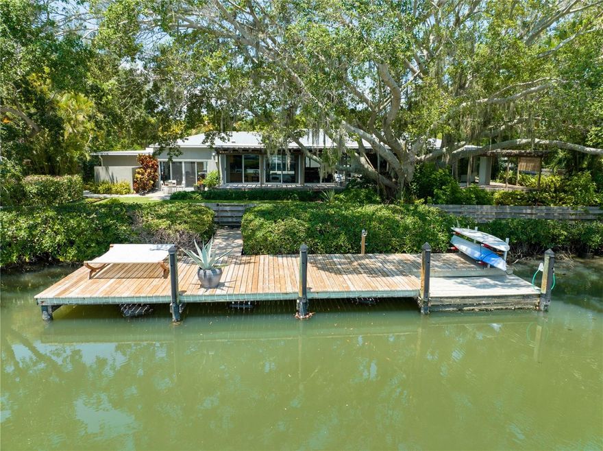 Waterfront Pool Home with Private Dock and Beach Access.  Conveniently located on the North side of Siesta Key and completely updated by Siebert Architects & Pat Ball Construction. This property contains a 2 bedroom/ 2 bath Main House, with open floor plan, custom solid cherry wood kitchen cabinets, stainless steel counters and appliances, Bonus workout room/office and 2 car tandem garage parking. The Spacious Primary Suite, has views of the water, large custom walk in closet, primary bath with walk in shower, separate large whirlpool style tub and plenty of storage. The living room has panoramic water views, TV viewing area, and custom cabinetry. The guest bedroom overlooks the pool area and has full bath with walk in shower. The Guest House: Contains 1 bedroom /1 bath, large living area, Kitchenette with marble countertop, stainless under counter refrigerator, sink, cooktop, full bath with walk in shower, and a large bedroom with garden and pool views. Common to Both Homes are tiled floors, impact windows and doors, on demand hot water, water purification systems, updated plumbing, metal roofs and new AC units. The Exterior of the property features: Gated entry with fully a fenced in yard, 40 ft dock with easy access to the Intracoastal waterway and out to the Gulf. Private screened in courtyard/lanai with a 30'x15' pool, Outdoor kitchen with custom concrete counter top, wood cabinets, stainless grill, and dining area. Expansive IPE wood deck overlooking Cocoanut Bayou, potting shed with stainless sink, storage shed, outdoor shower, large driveway, Private and nicely landscaped yard with outdoor lighting, fruit trees and waterside patio. This home is currently part of the Cocoanut Bayou Home Owners Association which is voluntary. If you choose to join the association, you must apply and members have access to the private beach located across the street on Higel Ave. If you are looking for that private waterfront home with a modernized mid-century feel that is simply beautiful, convenient to downtown Siesta Key and all that Sarasota has to offer, this home may be just right for you!