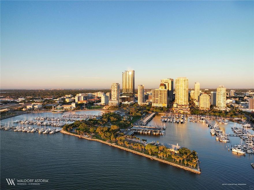 Pre-Construction. To be built. Rooted in the rich legacy of the Waldorf Astoria brand and inspired by the vibrant spirit of St. Petersburg, the extraordinary Waldorf Astoria Residences St. Petersburg will celebrate a blend of timeless elegance with the essence of Florida’s iconic waterfront lifestyle. Here, each residence brings the essence of waterfront living inside through meticulous craftsmanship and intentionally refined details. Expansive terraces capture glimmering bay views, while acclaimed interior design firm BAMO curates a retreat that truly embodies the pinnacle of modern luxury and effortless coastal sophistication. As an iconic brand synonymous with timeless luxury rooted in elegant service, Waldorf Astoria delivers a personalized living experience like no other to St Petersburg. The world-renowned Waldorf Astoria Service is curated with attention to detail and thoughtfulness, creating unforgettable moments like no other. From the iconic Peacock Alley to the unmatched resort-style amenity deck, featuring dual infinity pools and lounge areas, as well as a thoughtfully curated Wellness Spa, each space is designed to offer exceptional experiences that create unique, unforgettable moments. Inside this 3-bedroom, 3.5 bathroom residence, with 2,989 sqft, you will find expansive, panoramic bay and cityscape views through floor-to-ceiling windows. The gourmet kitchen boasts fully integrated Sub-Zero and Wolf appliances, natural stone countertops and backsplashes, and custom Italian cabinetry. The primary suite offers a spacious retreat with floor-to-ceiling windows, a custom built-out closet, a spa-inspired en-suite bath with Waterworks plumbing fixtures. This residence has two balconies and is a flow-through residence with views of sunrises over the Bay with Eastern exposure in the main living areas and breathtaking sunsets to the West. Located just minutes from the St. Petersburg Pier, the Dali Museum, and the area’s pristine white sand beaches, the Waldorf Astoria Residences St. Petersburg offers a rare blend of coastal beauty and cosmopolitan energy where a vibrant downtown meets world-class cultural experiences—and effortless global access enhances everyday living.