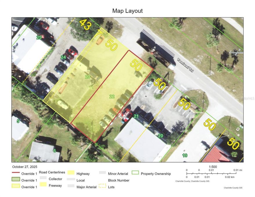 This 50 × 150 ft Commercial General (CG)–zoned lot on U.S. 41 (Tamiami Trail) in the heart of Port Charlotte presents an exceptional high-visibility infill opportunity suitable for a variety of commercial uses. With strong frontage along a major arterial corridor, the property offers excellent exposure and accessibility for retail, office, or service-oriented development.
Although the lot is relatively narrow at 50 feet, there are numerous similar-sized parcels along U.S. 41 currently improved and operating successfully, demonstrating the strong potential for efficient site design and viable commercial use. The 150-foot depth provides flexibility for building placement, parking, and landscaping to meet zoning and design requirements.
The subject property is 3605 Tamiami Trail (Lot 22). It is currently part of a combined parcel that also includes 3601 Tamiami Trail (Lot 23) — identified under Tax ID No. 402222435013. The real estate taxes shown reflect the combined assessment for both lots. Lot 23 (3601 Tamiami Trail) will be split off prior to closing and is not included in the sale.