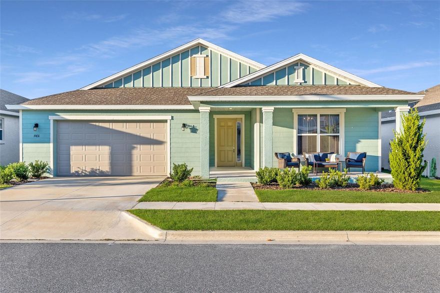 Why wait to build at premium prices when this expansive Larkspur model home is competitively priced and move-in ready? With over 3000 square feet of living space, this nearly new residence offers room to breathe, grow, and entertain in style. Located in the all-ages Calesa master-planned community, it blends exceptional construction with thoughtful design that caters to modern lifestyles. Inside, the open-concept layout creates a sense of volume and flow, enhanced by soaring ceilings, LED downlighting, and sleek tile floors. The gathering room features pocket sliding glass doors that open to a screened and covered lanai—an ideal extension of your living space for peaceful mornings or relaxed outdoor entertaining. The gourmet kitchen is generously sized, with granite countertops, a spacious island for casual dining, and stainless steel appliances, including a gas range. Shaker-style cabinets with crown molding accents and a stylish tile backsplash complete the look, offering both beauty and functionality. A bonus flex room with glass inset French doors provides additional space for hobbies or a home office, while a separate nest area offers room for a secondary refrigerator and can serve as a buffet or party-prep zone. The owner’s suite is a true retreat, featuring two walk-in closets and a spa-like ensuite bath with a double sink vanity, a tile-lined walk-in shower, and a separate soaking tub. Two of the large guest rooms share a Jack and Jill bath and include spacious walk-in closets, ensuring comfort and privacy for everyone. Beyond the home, residents enjoy a wealth of amenities, including a community pool, scenic walking and biking trails, basketball courts, a dog park, playgrounds, and access to the Florida Aquatics Swimming and Training (FAST) facility. And future neighborhood plans include the addition of outdoor amphitheater space with a beer garden, a food truck village, a tap room, and a coffee house. Don’t miss your chance to own this spacious, move-in-ready gem. Schedule your private tour today and experience the lifestyle you’ve been waiting for.