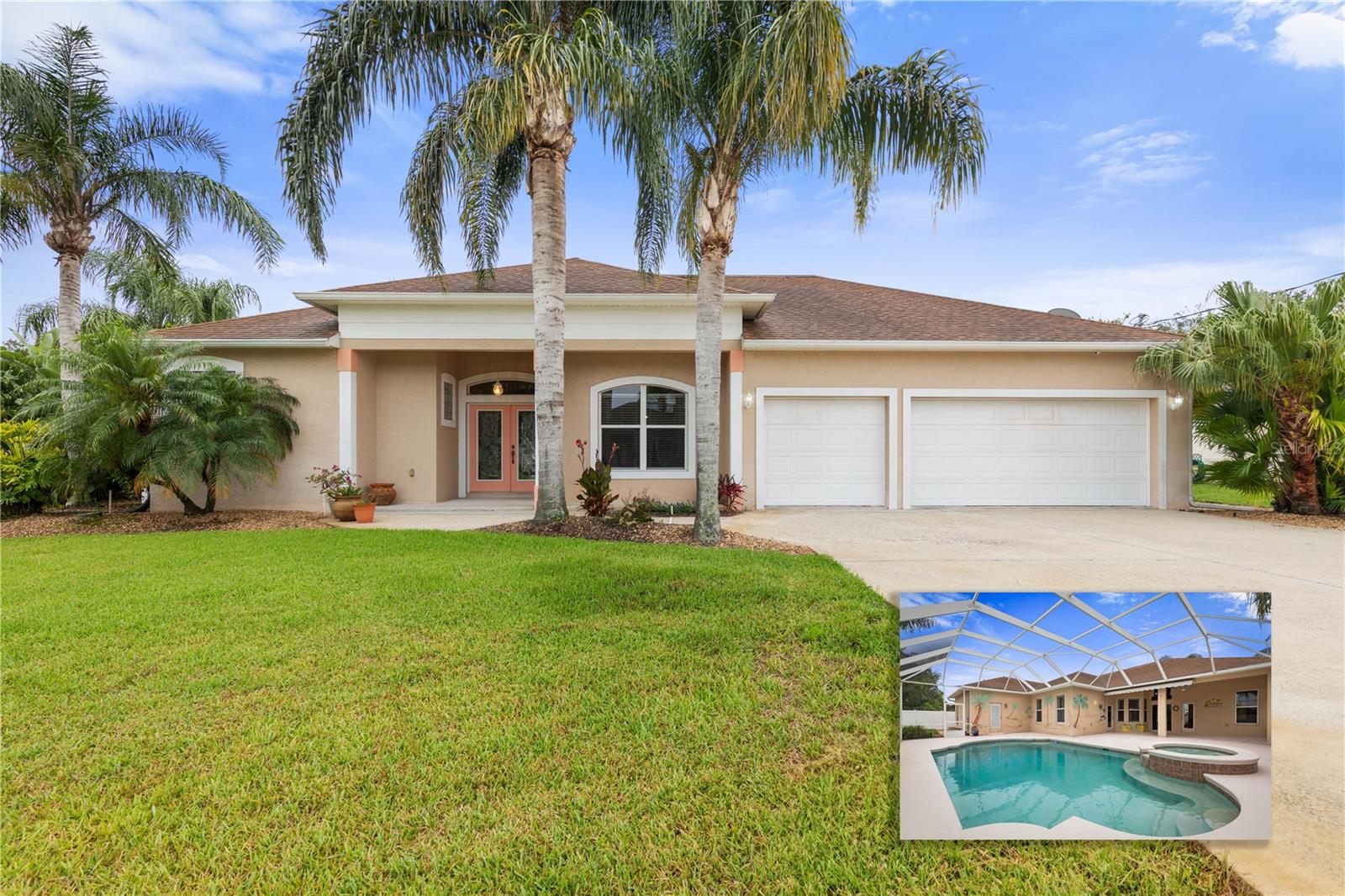 This beautiful 4-bedroom, 3-bathroom pool home with a 3-car garage is located on a great street in the highly desirable Palm Harbor neighborhood of Palm Coast. Nestled on an oversized corner lot that is fully fenced, the property offers plenty of space and privacy, enhanced by mature tropical landscaping that perfectly complements the Florida lifestyle.
As you step inside, you’ll be welcomed by high ceilings with elegant crown molding and an open-concept layout featuring tile and laminate flooring throughout, with the exception of one guest room that boasts plush carpeting. The spacious island kitchen includes a bar top with seating and opens to the family room and breakfast nook, offering beautiful views of the pool and backyard. The formal dining room is accented with classic wainscoting.
The main suite features laminate flooring, a tray ceiling, and direct access to the pool area. It also includes a walk-in closet and a fully tiled bathroom with a separate tub and shower, as well as dual vanities. The additional four guest bedrooms provide generous space for family and visitors, and the accompanying tiled bathrooms each include a tub and shower combination. One of the guest bathrooms also serves as a convenient pool bath.
Multiple sliders and doors lead you to the backyard oasis, where a sparkling pool and hot tub await. Additional highlights of the home include a 2017 AC unit, a 2015 water heater with recirculation pump, irrigation system on a well with rock beds, gutters, an indoor laundry room, and plantation shutters. Make sure to look at the virtual tour for a walkthrough video. This home is truly a gem - come see it for yourself today!