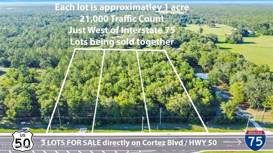 3 LOTS for sale directly on Cortez Blvd (HWY 50)...just west of I-75! Growing area!! New subdivisions going in nearby! Future growth is on the horizon! AADT: 21,000 and growing! The two lots to the right are also available by a different seller; inquire if interested in all 5 lots. The lot directly to the west is zoned C-2, so these lots should be easy for the buyer to rezone to commercial. Sellers are accepting a contract contingent upon the buyer rezoning the property to commercial. Each lot is almost 1 acre for a total of almost 3 acres. All 3 lots are being sold together. Parcel #: R36 122 20 0770 0000 0050 and Parcel #: R36 122 20 0770 0000 0040 and Parcel #: R36 122 20 0770 0000 0030.