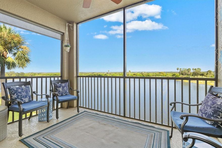 Enjoy sweeping third-floor views of the water and golf course from this fully furnished 2, bed, 2 bath condo in River Strand at Heritage Harbour. Soak in the Florida lifestyle with a screened lanai that provides the perfect place to relax and unwind. The kitchen is open to the living room and features an eat-in dining area as well as breakfast bar. White cabinets and granite countertops combined with stainless steel appliances provide a modern aesthetic. The primary suite features an en-suite bath and dual closets. Both bedrooms have been upgraded with luxury vinyl plank flooring, and the open floor plan allows natural light to fill the living areas. This condo includes full size washer and dryer and all furniture along with basic kitchen necessities and linens, making move-in day a breeze. Note that this is one of the few units with an oversized storage closet, adding coveted storage space for golf clubs, bicycles, beach chairs, etc. Ownership includes a full golf membership, granting access to the 27-hole championship course as well as tennis and pickleball courts, resort-style pools, and a modern fitness center. The River Strand Golf and Country Club is currently undergoing an $8.5 million renovation, focusing on upgrades to the golf courses, clubhouse, and dining facilities. Even during these enhancements, members enjoy regular access to a variety of pools, athletic courts, casual and formal dining, and vibrant social programming. The community is ideally positioned close to daily shopping, healthcare, and dining, with the sandy beaches of Anna Maria Island just a 30-minute drive away. Sarasota-Bradenton International Airport can be reached in under 30 minutes, and quick access to I-75 connects the neighborhood to downtown Bradenton, Sarasota, Tampa and other Gulf Coast destinations.