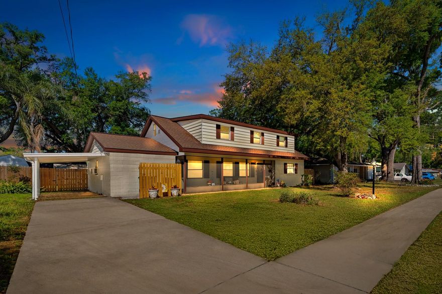 CHARMING two-story, POOL HOME in a quiet, NO HOA community with a LARGE, FENCED-IN BACKYARD and LOTS OF SPACE between houses!  New HVAC (2022)  New Patio Roof (NOV 2025)  Situated on almost a 1/4 acre, this home has 4 bedrooms (2 downstairs, 2 upstairs) PLUS a BONUS ROOM with a charming, vintage, non-vented fireplace!  (Fireplace can be vented through the attic.)  FRESHLY PAINTED INTERIOR & EXTERIOR (JAN 2026)  Freshly polished TERRAZZO FLOORS downstairs, parquet and BRAND NEW CARPET upstairs.  The two bedrooms downstairs share a FULL hallway bath with a tub/shower combo.  The two bedrooms upstairs share a FULL hallway bath as well, however the entire upstairs COULD be a dedicated primary bedroom space.  There are also 3 walk-in attic spaces upstairs.  Downstairs you'll also find 2 living room spaces, a dining room, a utility/laundry room (washer & dryer will stay), and the large bonus room.  The Kitchen is spacious and includes an eat-in area, a WALK-IN PANTRY, lots of counter space, and plentiful cabinet space.  Out back is a BEAUTIFUL, OVERSIZED POOL and POOL CAGE that faces West....DAILY SUNSETS are included with purchase!  The yard is COMPLETELY FENCED in, and there are TWO STORAGE SHEDS, both are in excellent condition and will stay with the home.  A four-point inspection was done in FEB 2026 and all FOUR-POINT repairs were made.  Excellent location, 5 minutes to shopping, restaurants, and several main town areas.....also extremely convenient to TAMPA, Interstate 4, Interstate 75, and the Crosstown (aka Selmon Expressway).  Only an hour from Disney as well as the world famous Clearwater Beach and several other beautiful white sand beaches.  No HOA and NO CDD.