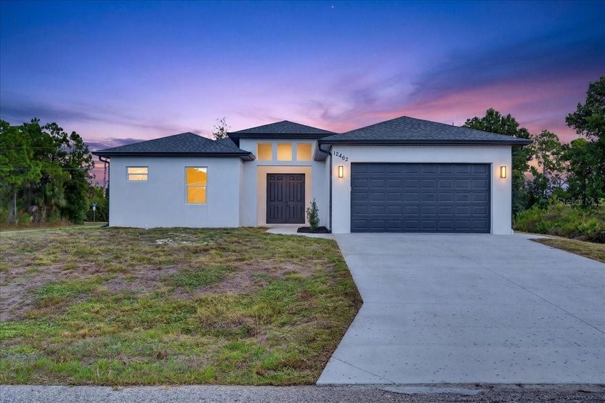 Welcome to this stunning brand-new single-family home in the highly desirable Gulf Cove community of Port Charlotte. Located in preferred Flood Zone X and connected to city water, this beautifully designed 3-bedroom, 2-bath home with a dedicated office offers the perfect blend of comfort, style, and Florida living.
Step inside to discover soaring ceilings, 8 foot doors, glass sliders and a bright open-concept floor plan that creates a spacious, airy atmosphere ideal for entertaining and everyday living. The luxurious primary suite features a walk-in closet and private access to the expansive screened lanai, providing the perfect indoor-outdoor lifestyle experience.
The oversized backyard offers plenty of room to build your dream pool and create a private backyard oasis. Conveniently located near world-class Gulf beaches, boating, fishing, golf courses, waterfront dining, shopping, and entertainment, this home is ideal as a primary residence, vacation home, or investment property in one of Southwest Florida’s fastest-growing and most sought-after communities.
