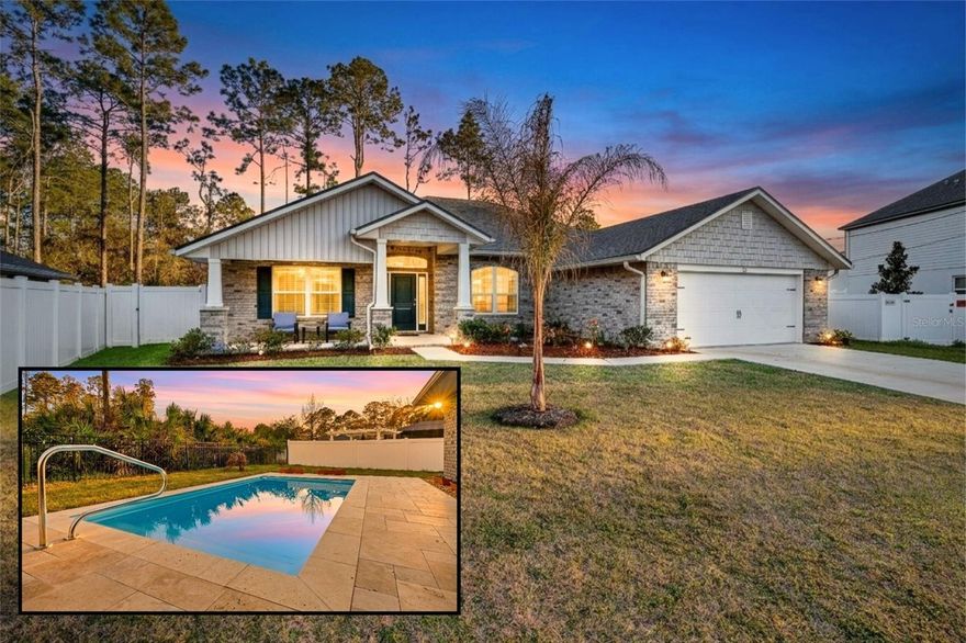 This beautifully upgraded 2023 Seminole Woods home boasts nearly $50,000 in upgrades! There is no need to wait for a pool installation, as this home features a brand-new, sparkling pool with an upgraded travertine patio, completed in January 2026! The spacious open floor plan of this brick construction home showcases soaring ceilings, four bedrooms, and three full bathrooms, with a thoughtfully designed split-bedroom layout. The office includes a newly installed glass partition and door, allowing an abundance of natural light to illuminate the space. The kitchen offers a large breakfast bar and granite countertops, complemented by a delightful view of the new pool. The oversized primary bedroom provides direct access to the lanai and pool, along with new dual custom closets and dual bathroom vanities. Two bedrooms located at the rear of the home share a generously sized bathroom featuring dual vanities, which also serves as a convenient pool bath. Perfect for in-law living, the front bedroom includes its own shared bathroom, ensuring privacy from the other bedrooms. The yard is enclosed with a vinyl privacy fence to the front and sides, while a metal fence enhances the view from the backyard. The home is also equipped with newly installed gutters, and the lanai has been screened. Situated on the south side of Palm Coast, this property is just a short drive from Flagler Beach and Ormond Beach. It enjoys close proximity to shopping in Palm Coast, as well as easy access to I-95 and US-1 for travel and commuting. Additionally, the Seminole Woods Neighborhood Park is merely a short walk away. Schedule your tour today to experience this stunning Seminole Woods home before it is gone!